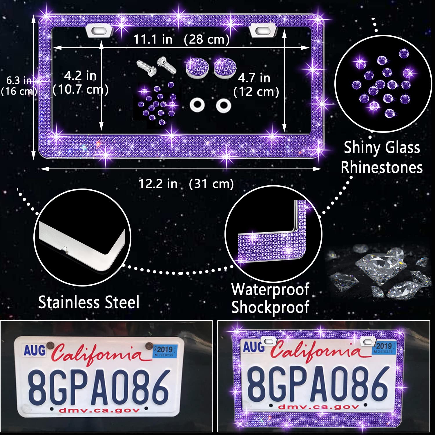 Nbtepem 27 Pcs Purple Violet Bling Car Accessories Set For Women, Bling Steering Wheel Covers Universal Fit 15 Inch, Bling Licen