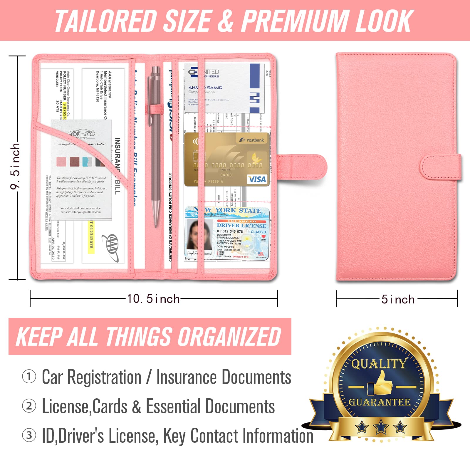 Foryou Car Registration And Insurance Holder With Magnetic Closure, Auto Truck Document Vehicle Glove Box Paperwork Organizer Wallet For Accessories Case, License, Card (Pink)