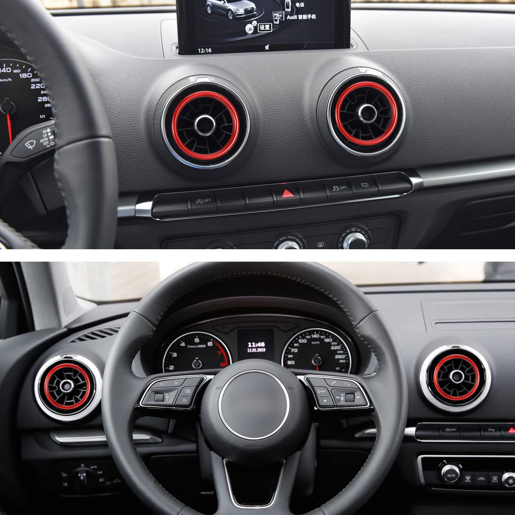 TOMALL 4pcs Aluminum AC Vent Outlet Ring Cover Compatible with Audi A3 S3 RS3 Air Conditioning Inner Vent Trim Decoration Interior Accessories (Red-Inner Ring)