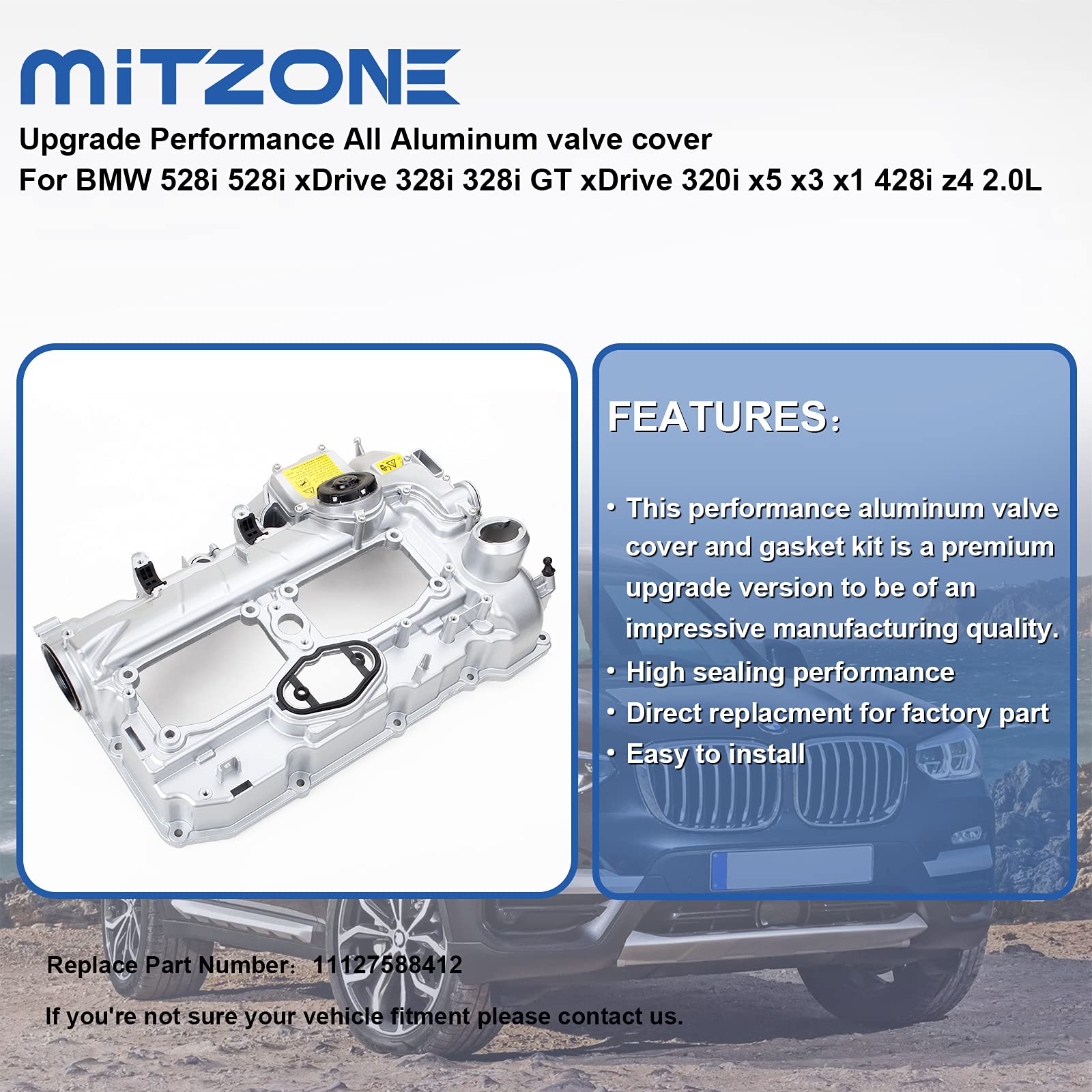 MITZONE N20 Aluminum Valve Cover Kit with Gasket & Oil Cap for BMW 2012-2018 528i, 328i, 320i, X1, X3, Z