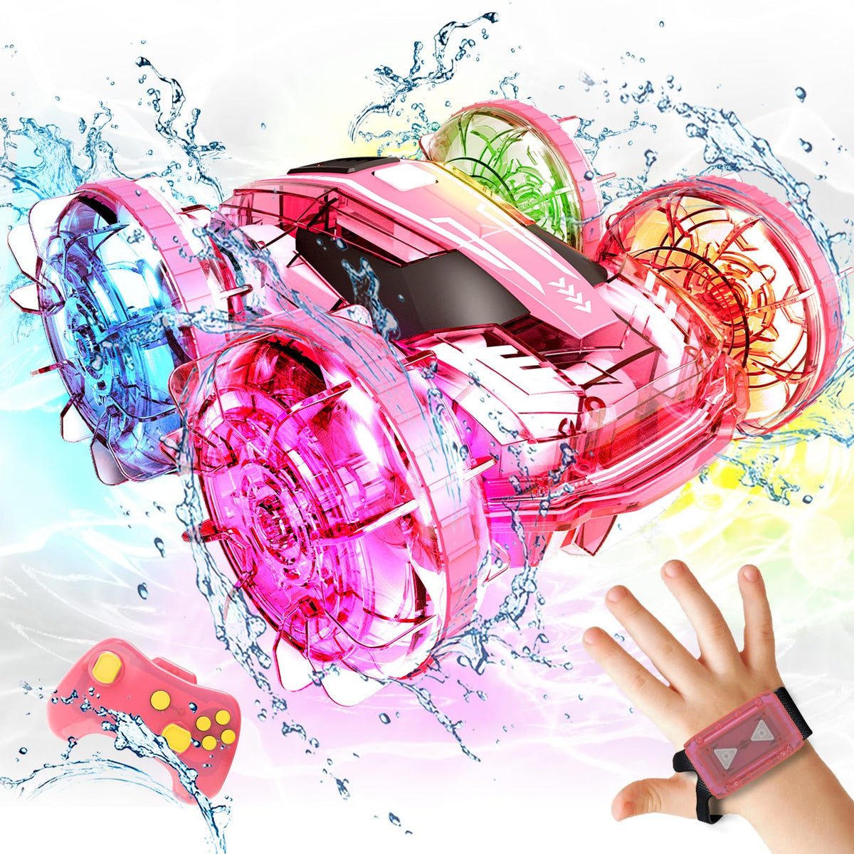 Tecnock Amphibious Remote Control Car Boat For Kids, 4Wd Rc Stunt Car With Waterproof Remote Control, 2.4Ghz Gesture Rc Cars Wit