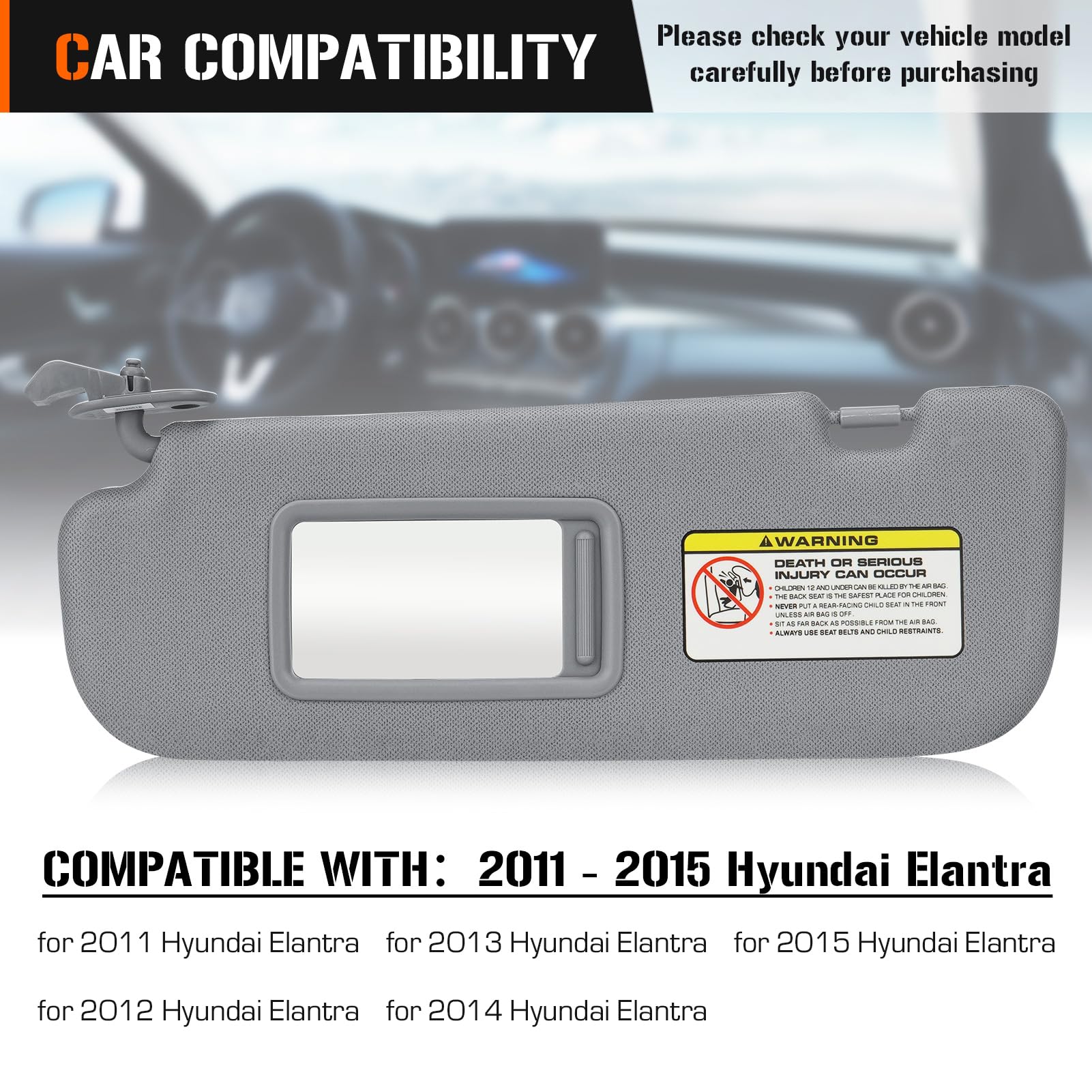Sun Visor for 2011-2015 Hyundai Elantra, Left Driver Side Gray Sunvisor Replacement 852103X000TX