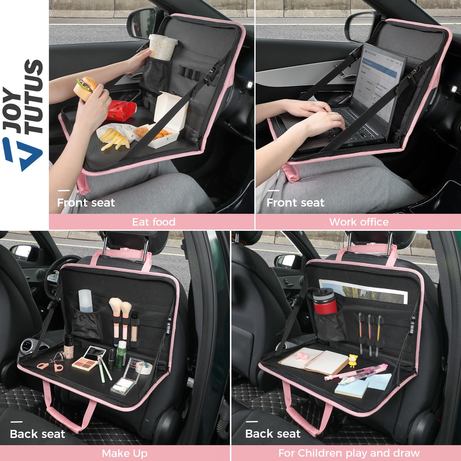 JOYTUTUS 3 in 1 Steering Wheel Eating Tray (Pink), Multifunctional Car Office Bag, Work Table for Writing, Car Organizer for Kid