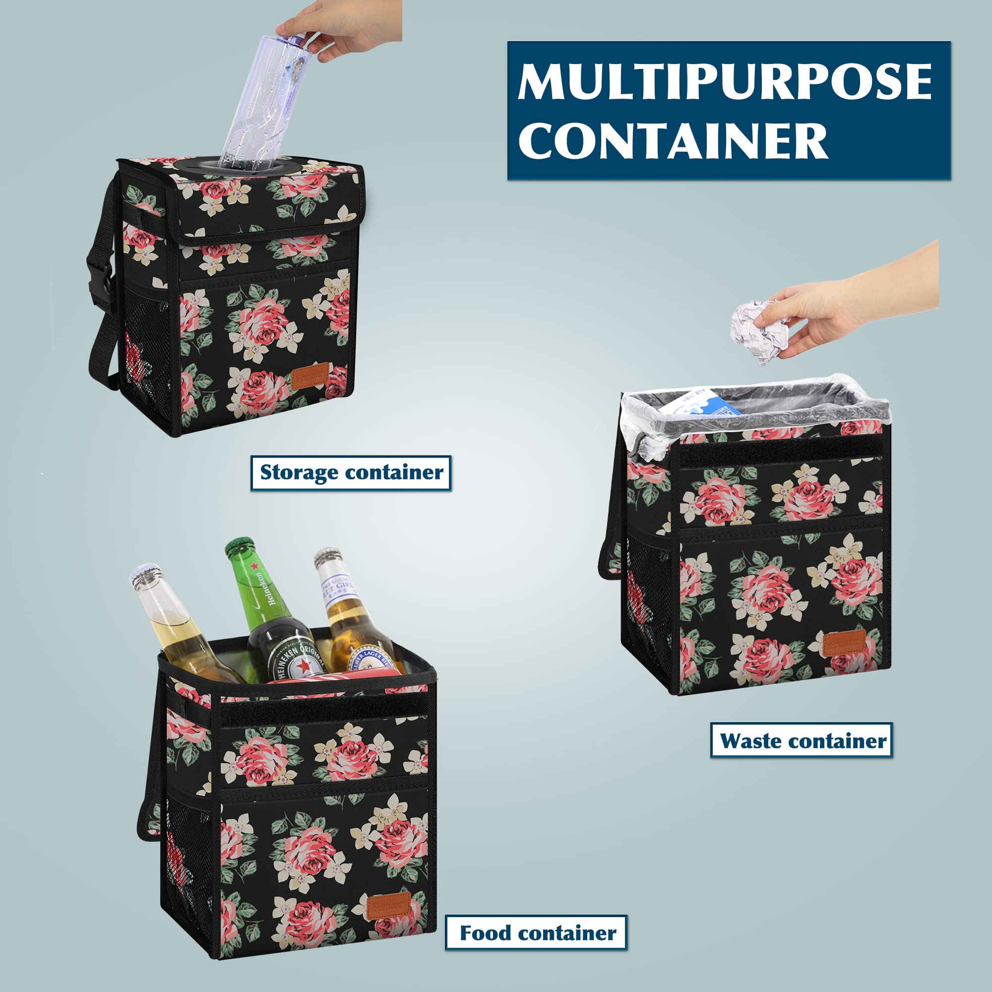 Flower Car Trash Can With Lid - Leak Proof, Waterproof, Suv Front Seat, Multipurpose Car Hanging, Collapsible, Portable, Mesh Po