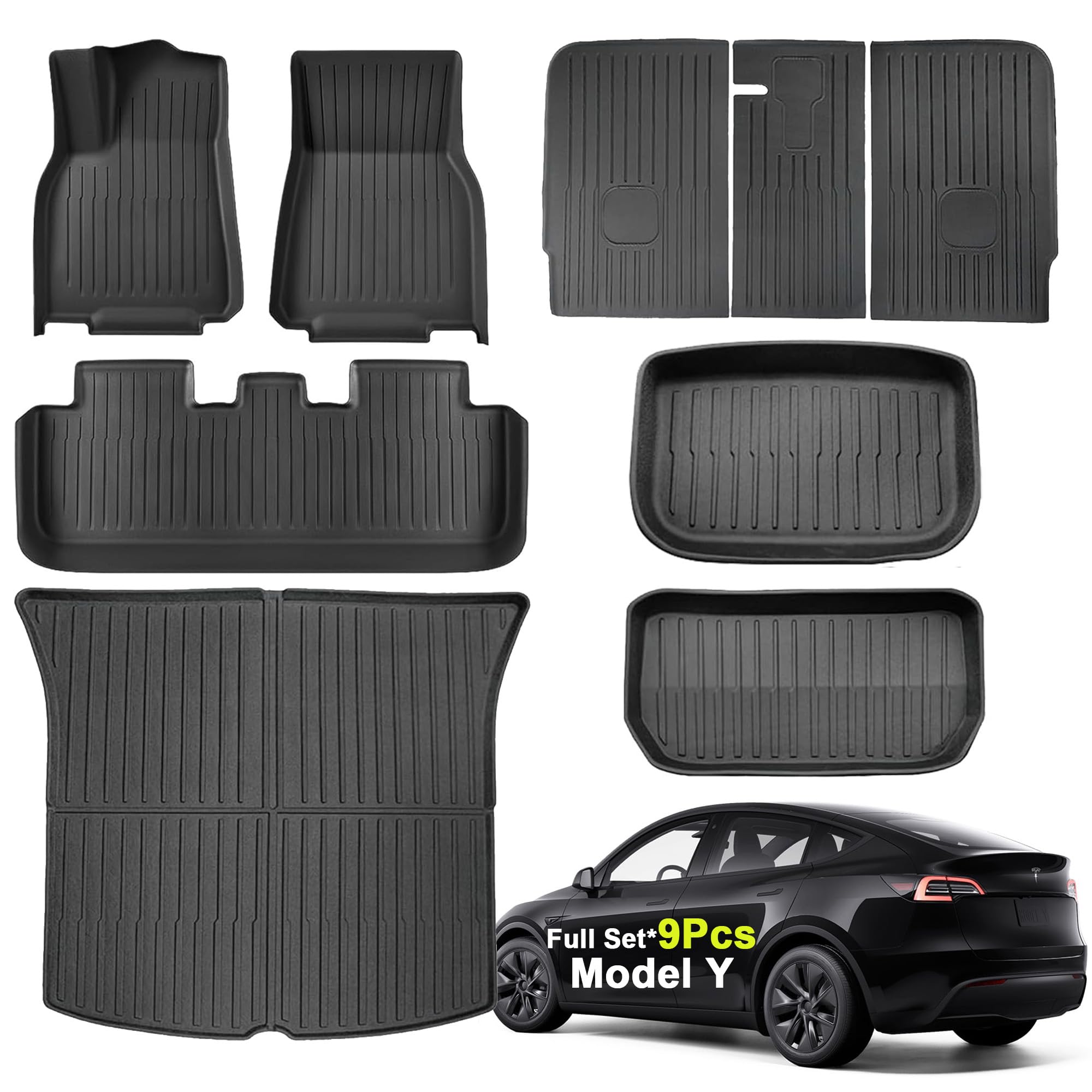 Super Liner Tesla Model Y Floor Mats 2025 2021-2024 | Custom Fit All-Weather 9-Piece Set Tpe Material| Back Seat Protector,Cargo