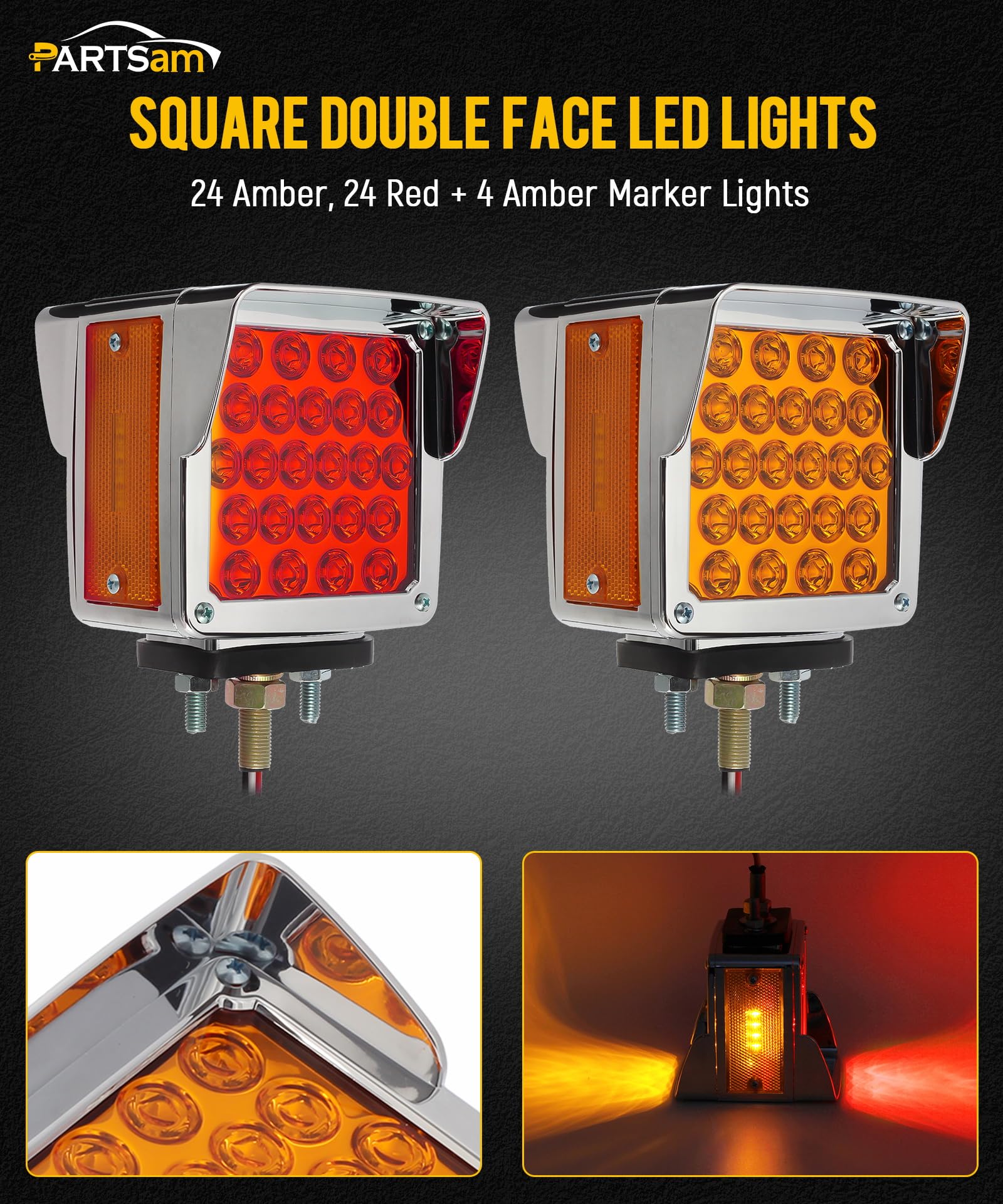 Partsam Pair Truck Trailer 52 Led Red/Amber Square Double Face Pedestal Fender Stop Turn Tail Lights Three Stud Mount Bezel Viso
