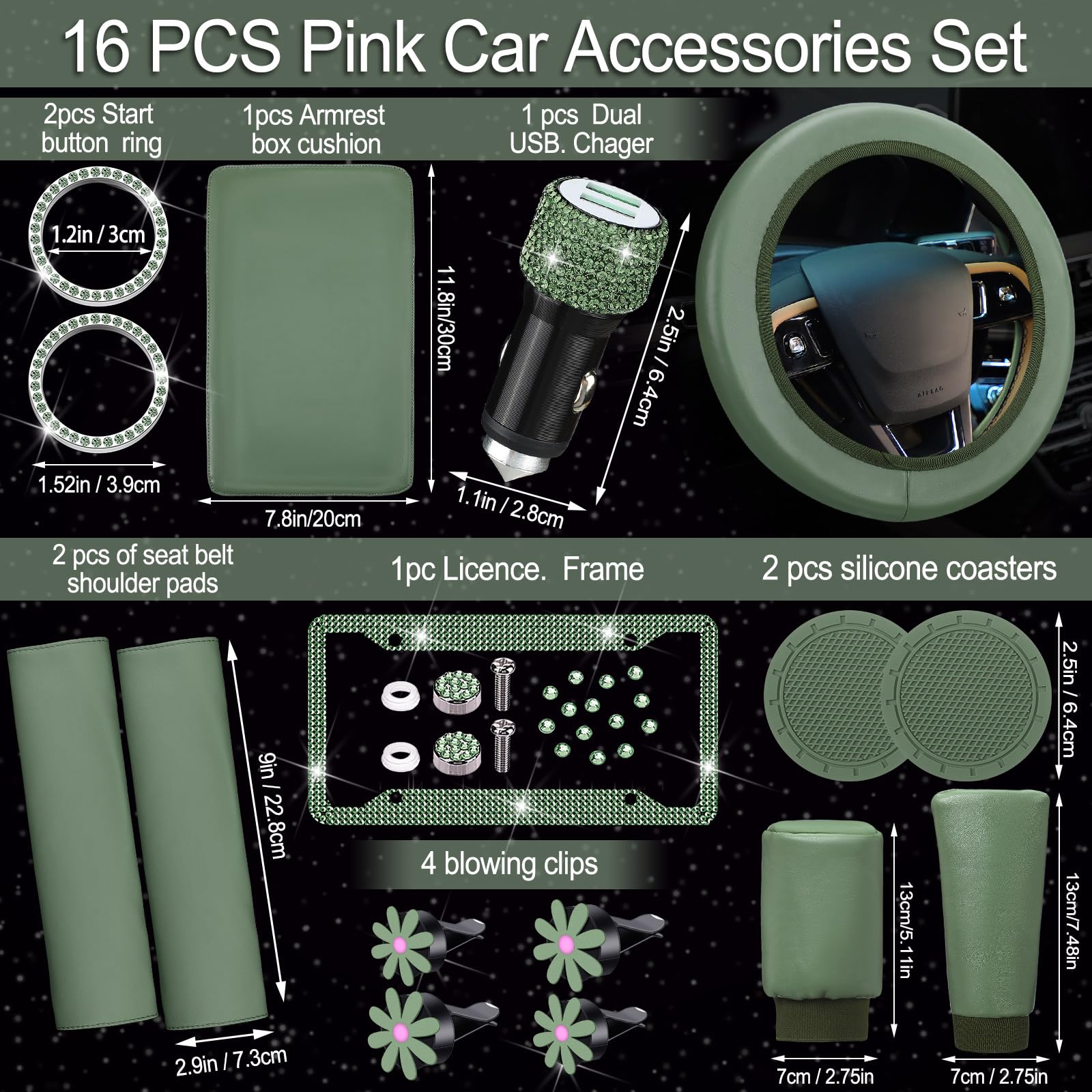 15 Pcs Bling Car Accessories Set Leather Steering Wheel Cover Seatbelt Cover Car Ring Sticker Center Console Pad USB Port Flower