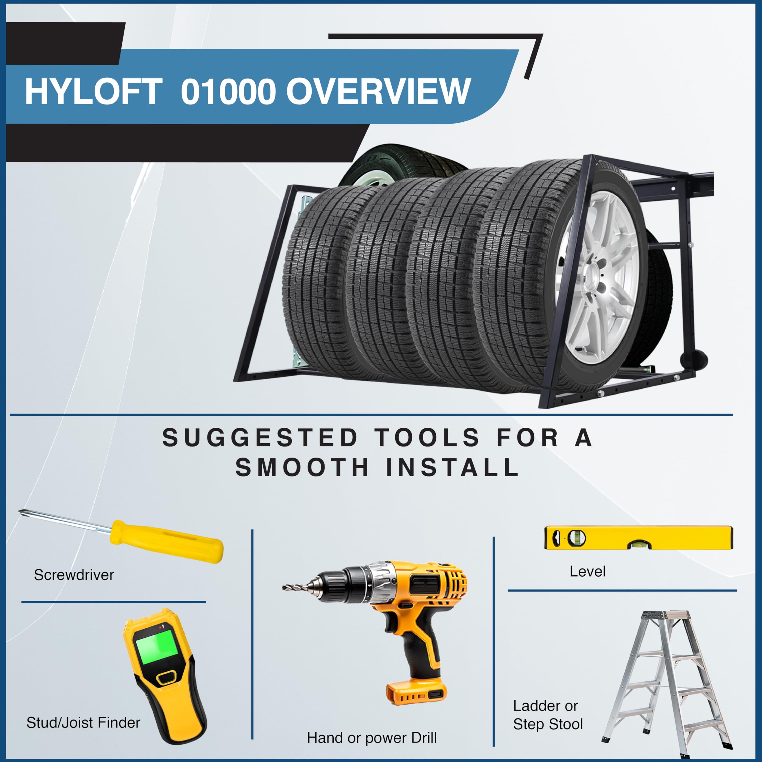 Hyloft 01000 Heavy Duty Adjustable Garage Wall Multi-Tire Rack Storage, Black