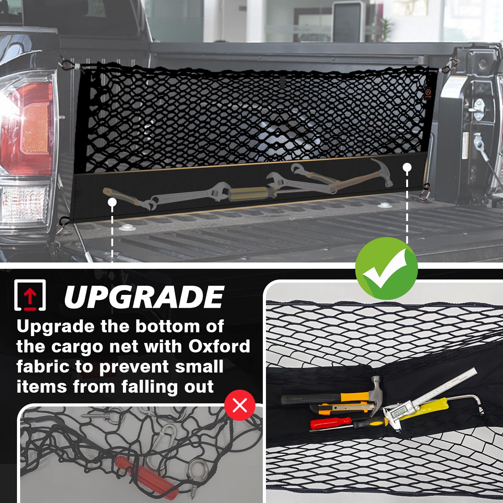 Muslogy Truck Bed Cargo Net for Toyota Tacoma 2005-2023, Black, Heavy Duty Polyester with Carabiner, Model MUS-CARGO NET-5