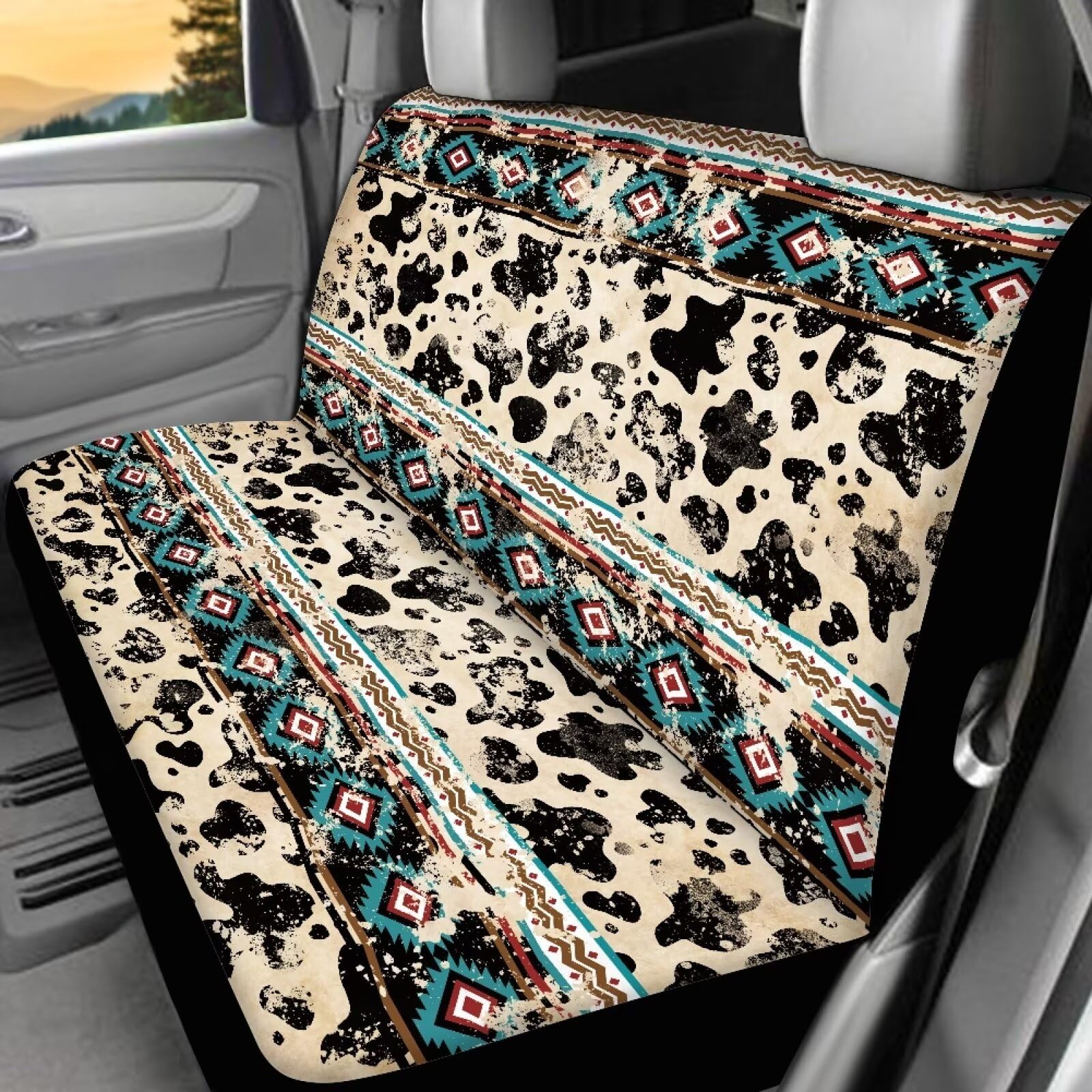 KEIAHUAN Aztec Tribal Cow Theme Car Seat Covers Breathable Anti-Slip Auto Seat Protector Front Seat Cover and Rear Bench Cover f