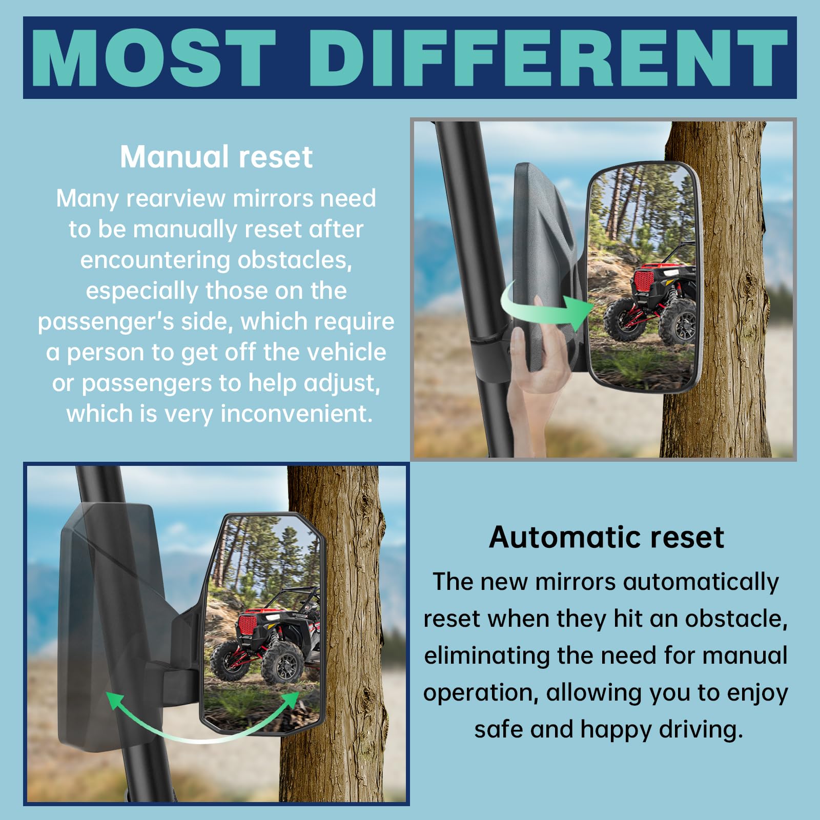 SHEJISI UTV Mirrors,The Spring Back Feature Allows Easy Reset After Fold,2024 New SXS Mirrors Side View for 1.5''-2.0'' Roll Cag