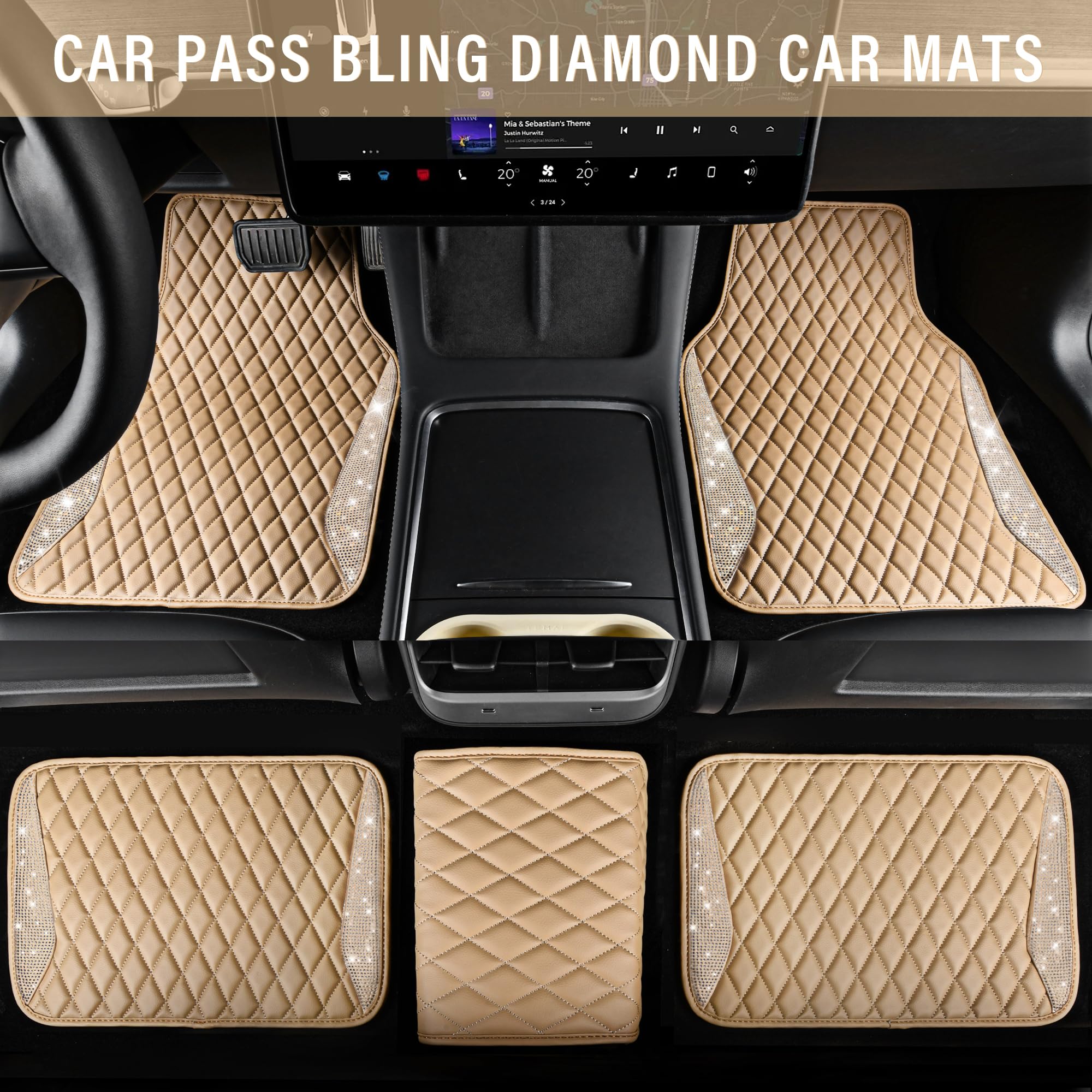 CAR PASS Bling Beige Leather Car Mats Shining Diamond Floor Mats Crystal Rhinestone Sparkly Glitter Carpet Anti-Slip Waterproof