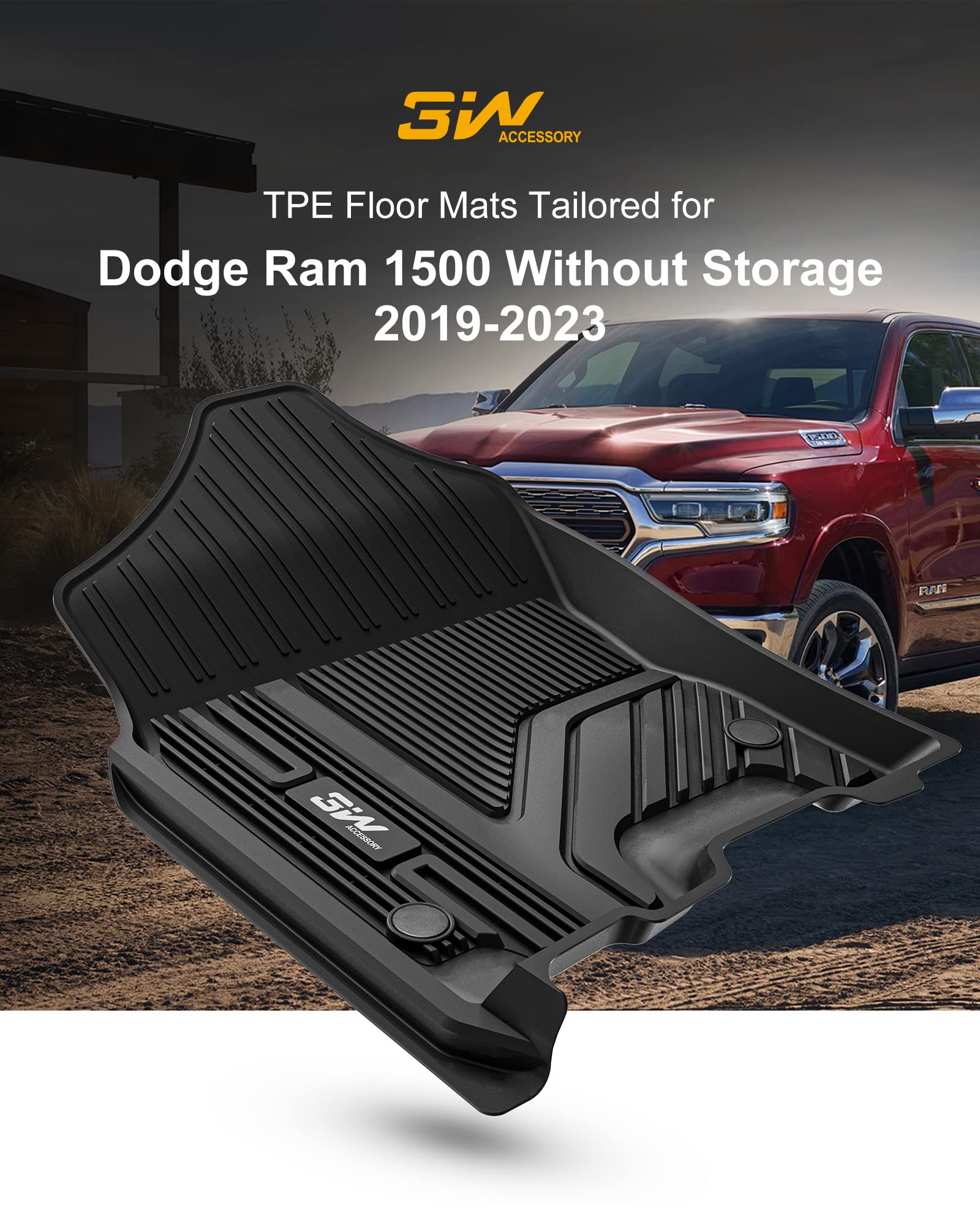3W Dodge Ram 1500 Floor Mats & Fornt Carpet For 2019-2024 With Original Storage Under Rear Seat All Weather Floor Liner Car Acce