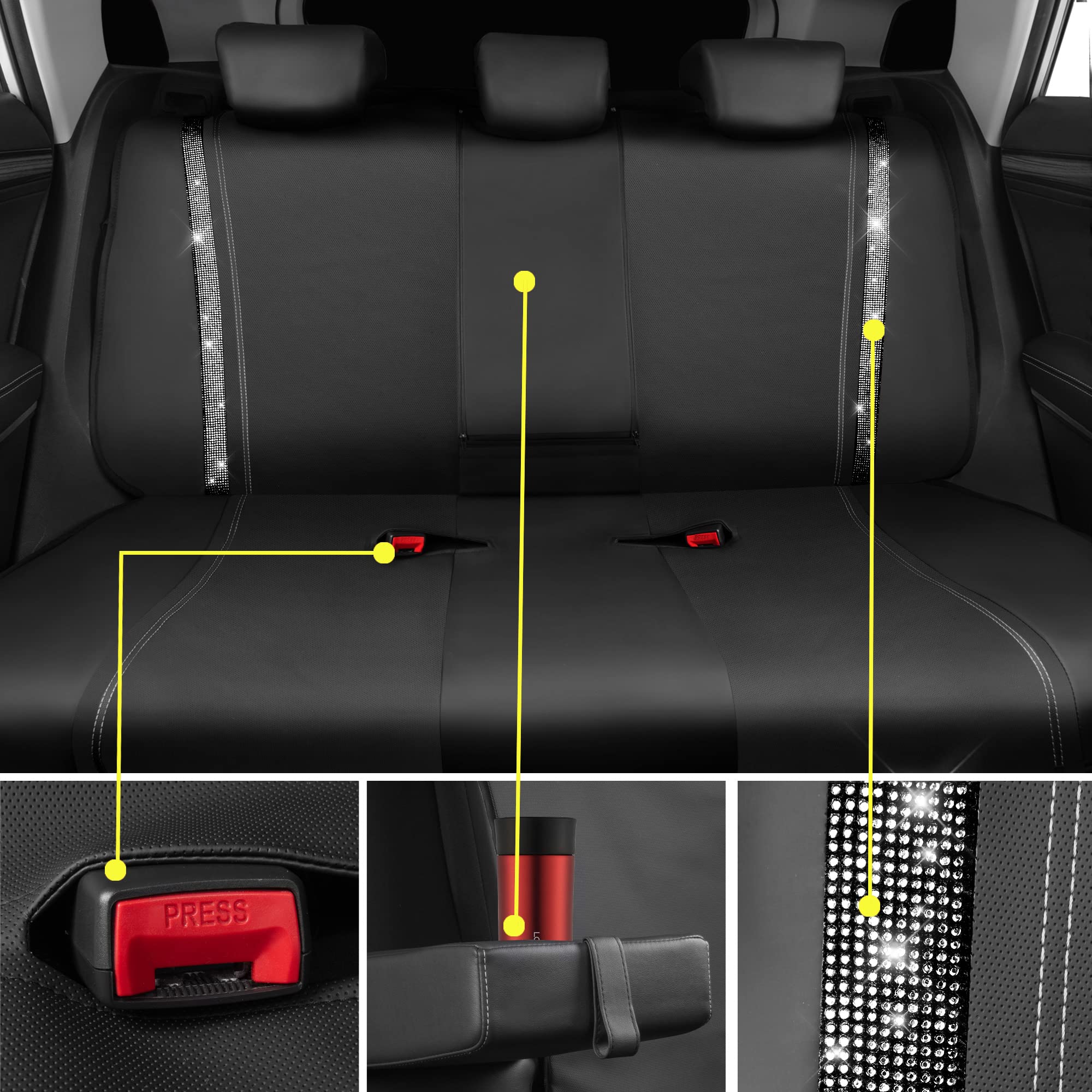 Car Pass Bling Rhinestone&Leather Back Seat Cover, Waterproof Bench Rear Seat Cover Shining Diamond Universal Fit Automotive Glitter Crystal Sparkle Strips For Kid Women Girl, Silver Diamond