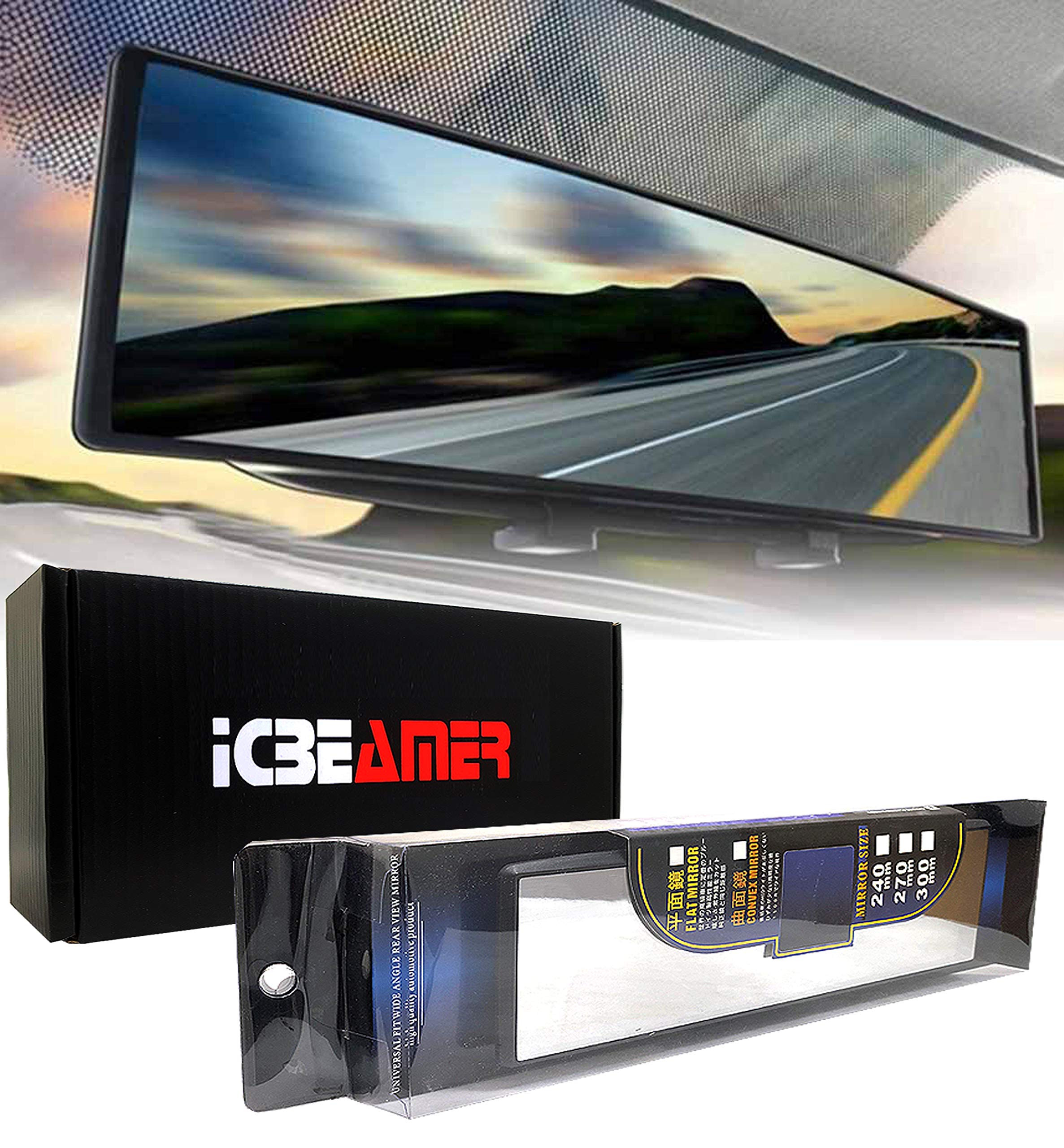Icbeamer 9.4'' 240Mm Easy Clip On Universal Fit Wide Angle Panoramic Auto Interior Rearview Mirror ''Flat Clear Surface''