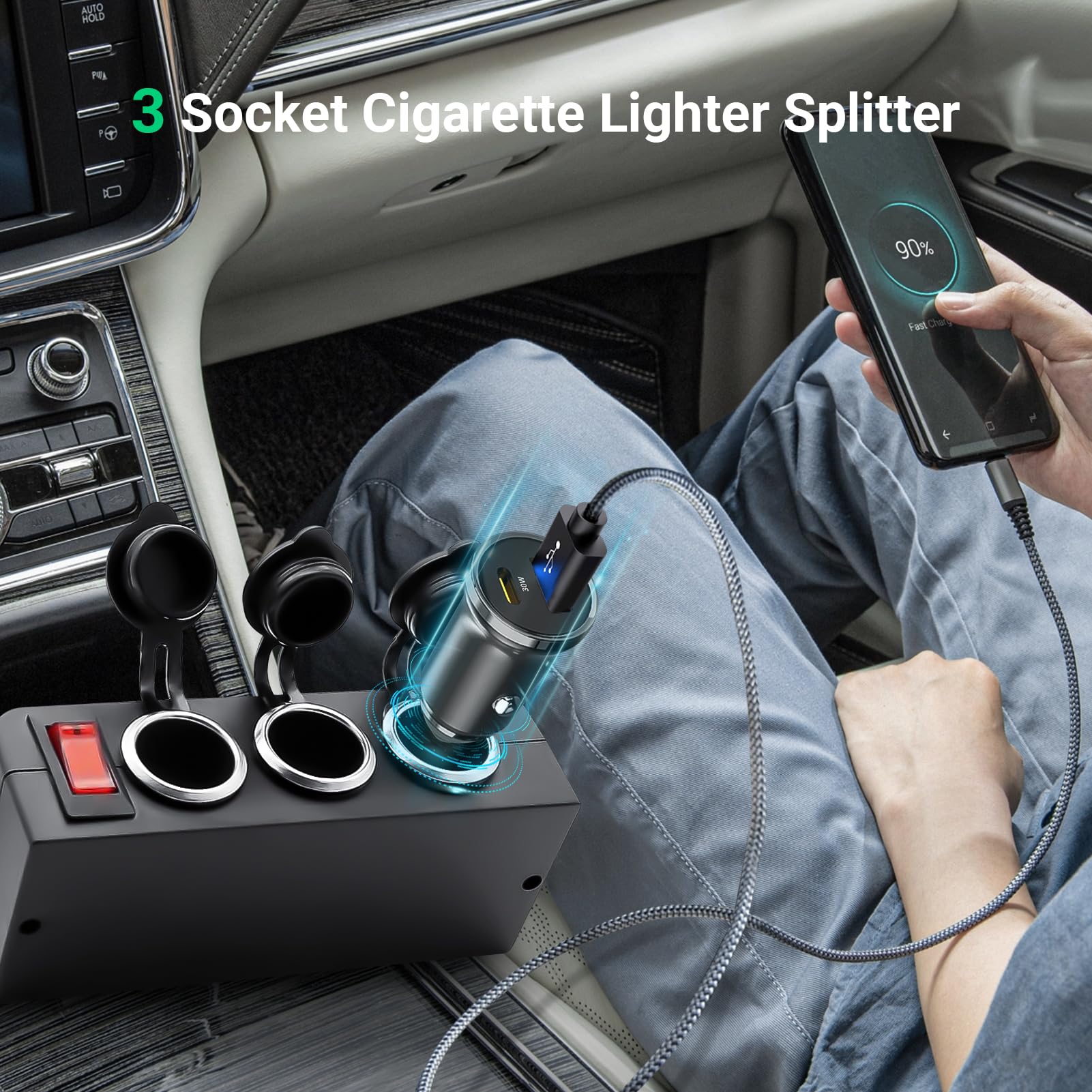 12V Cigarette Lighter Socket With On/Off Switch, 3 Socket Car Cigarette Lighter Splitter 12 Volt Power Outlet Adapter Waterproof