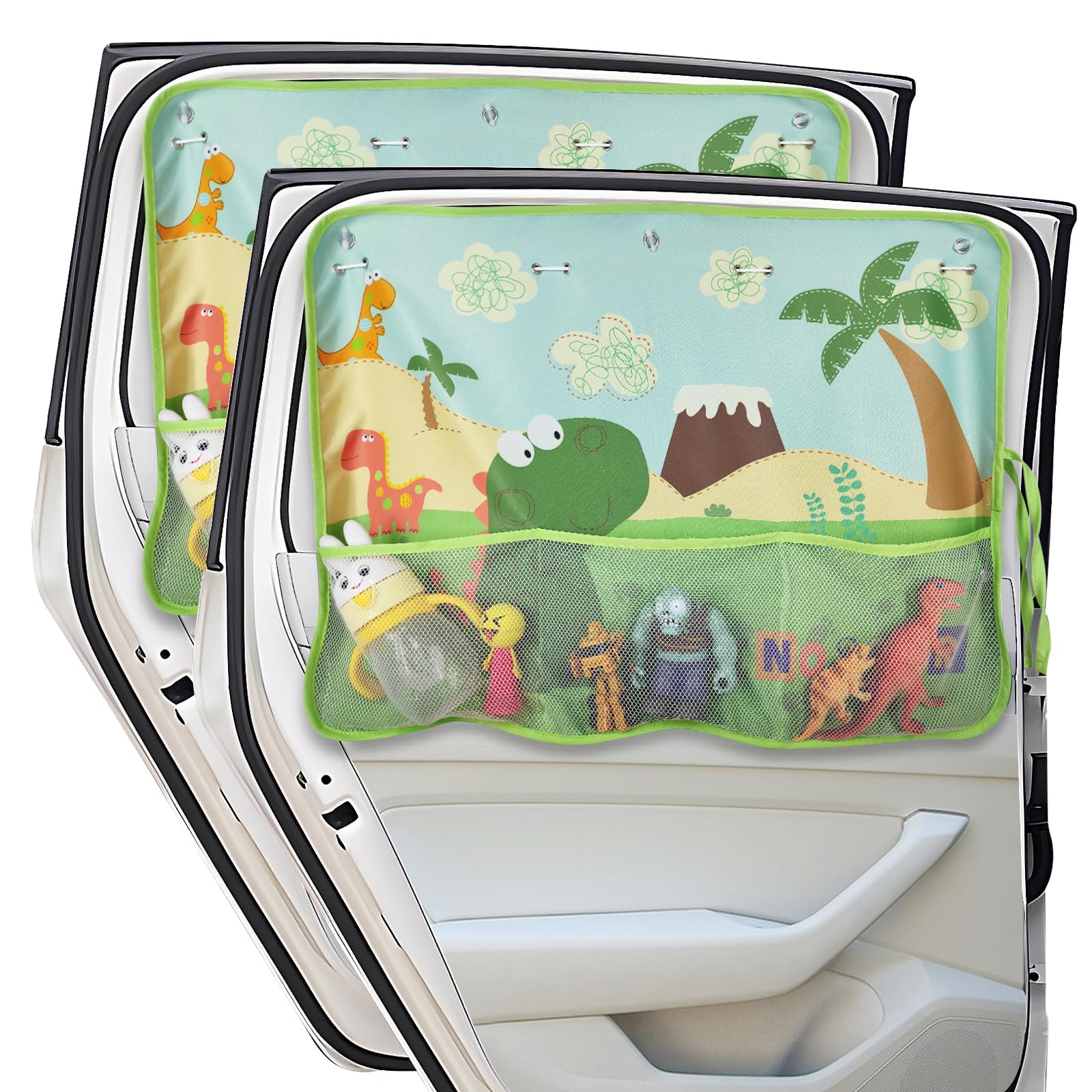 Diza100 Car Window Shade For Baby, 2 Pack Car Sun Shades With Storage Pockets Car Window Curtain 7 Suction Cups Dinosaurs Patter