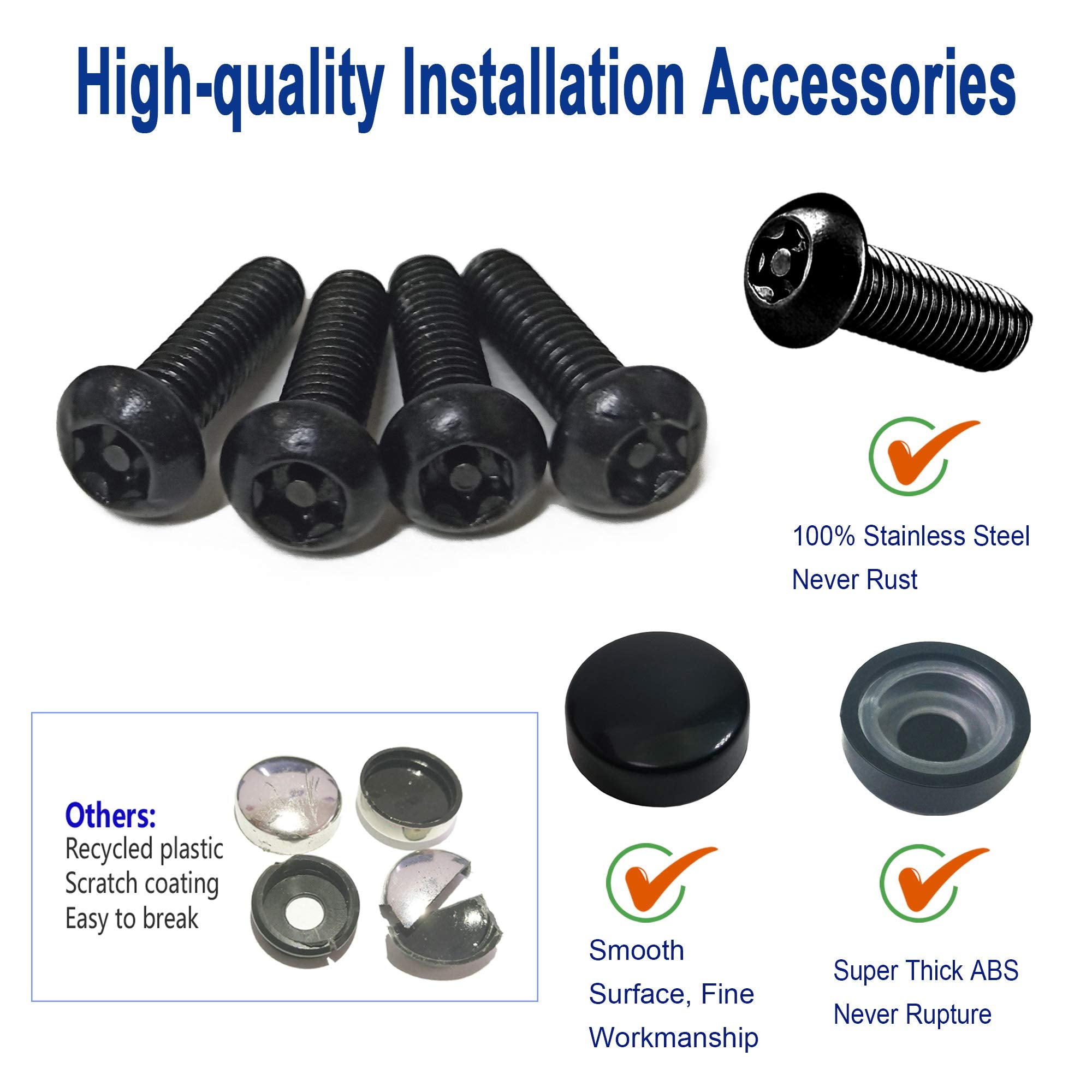 Aootf Anti Theft License Plate Screws- Black Screws For Locking Car Tag, Frame And Cover, Mounting Hardware Kit For Front/Rear, M6 Stainless Steel Screws, Caps, Fasteners Nuts, Rattle Proof Pads