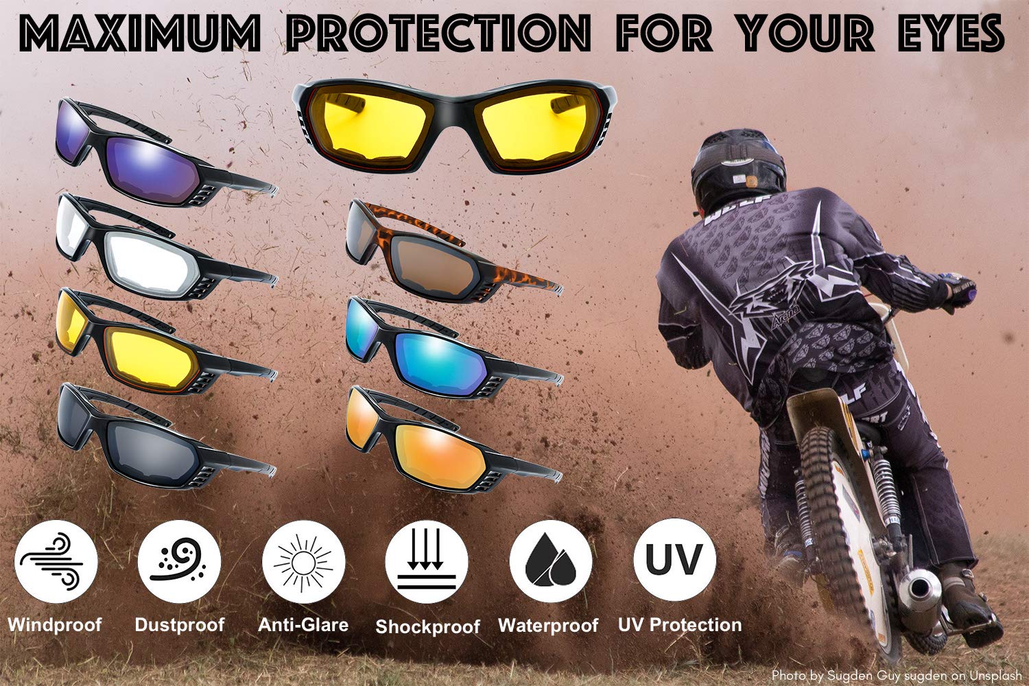 The Fresh Motorcycle Riding Glasses Padded Frame Lens Block 100% Uvb For Outdoor Activity Sport (23M-Matte Black, Clear*1, & Gre