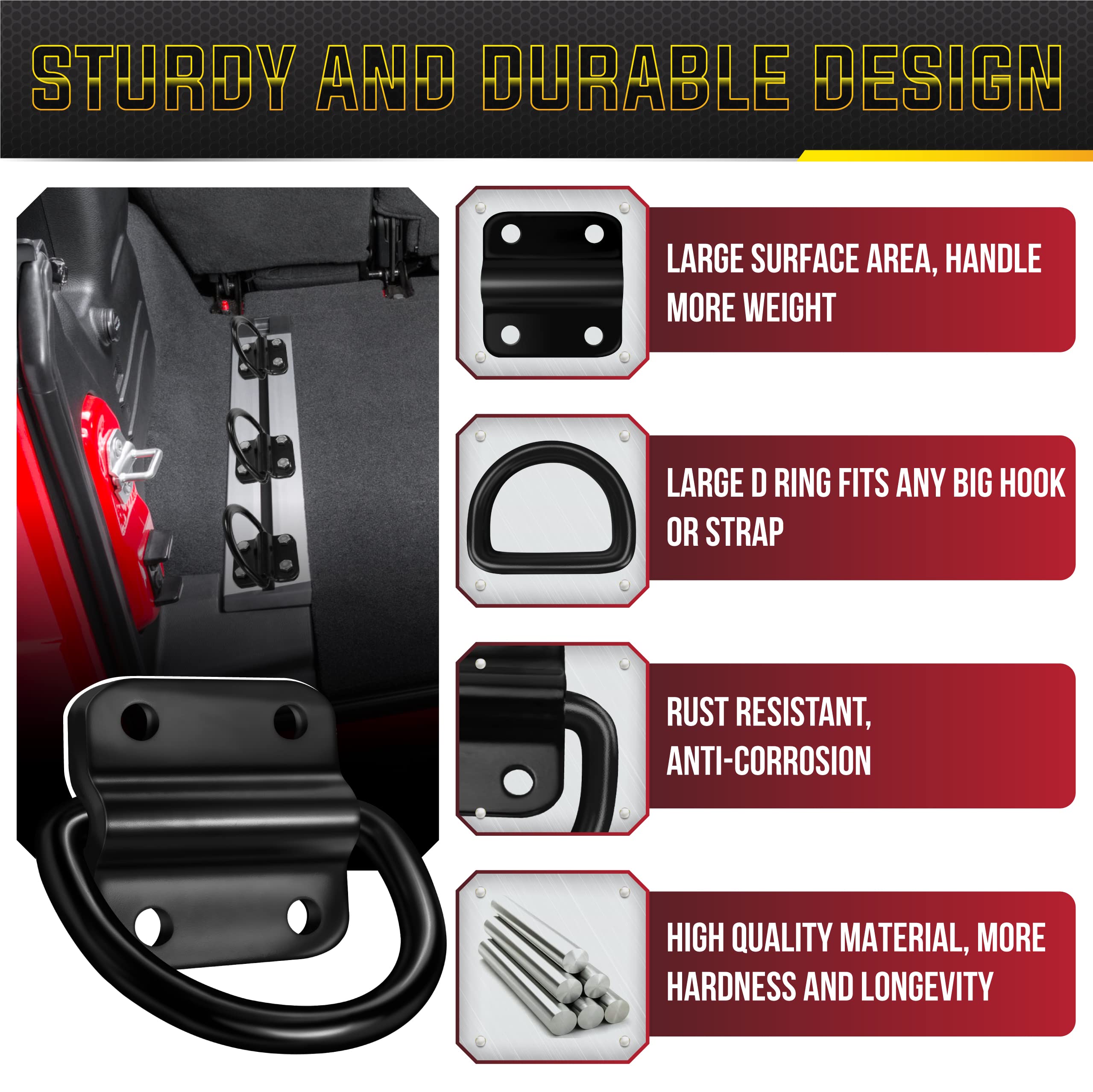 Pamazy 4Pcs Heavy Duty Steel D Rings Tie Down Anchors, Ultra Durable 3500 Pound Breaking Strength Surface Mount Hooks Securing C