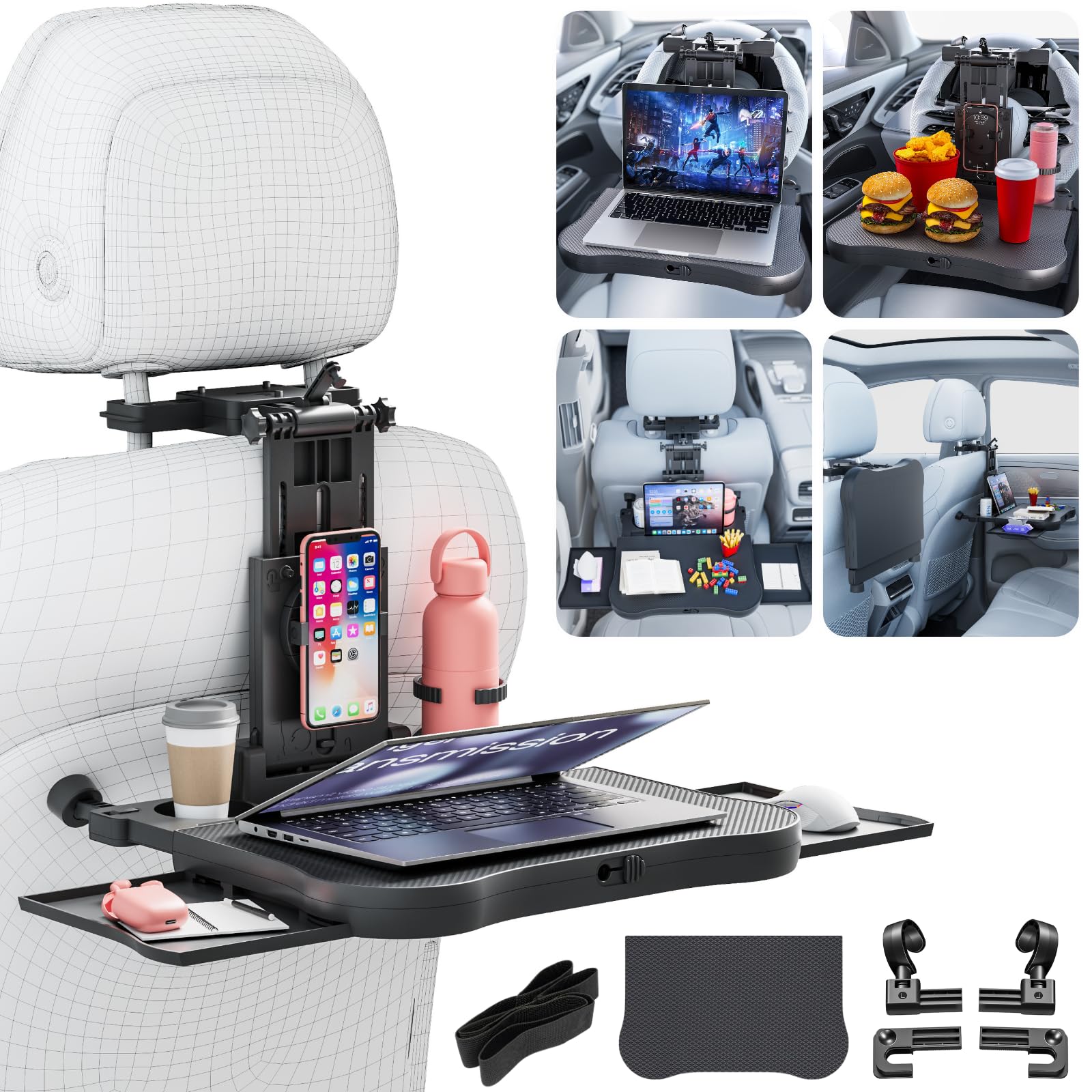 Large Car Desk for Laptop | Steering Wheel Tray Table | Foldable Back Headrest Seat Eating Food Trays with Drinks Cupholder Phon