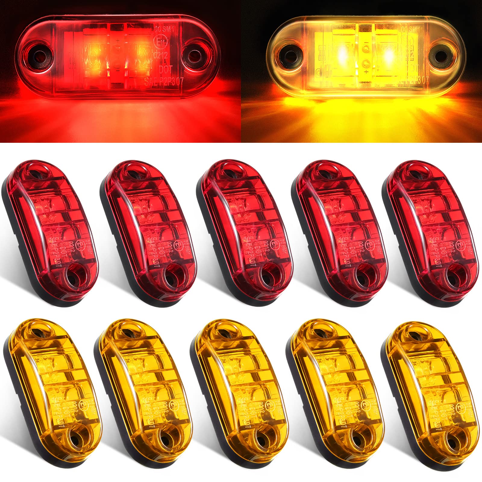 10 Pcs 2.5 Inch Led Trailer Lights 2 Diode Waterproof Led Trailer Side Marker Lights Oval Signal Running Lights For Truck Boat Rv(Amber, Red)
