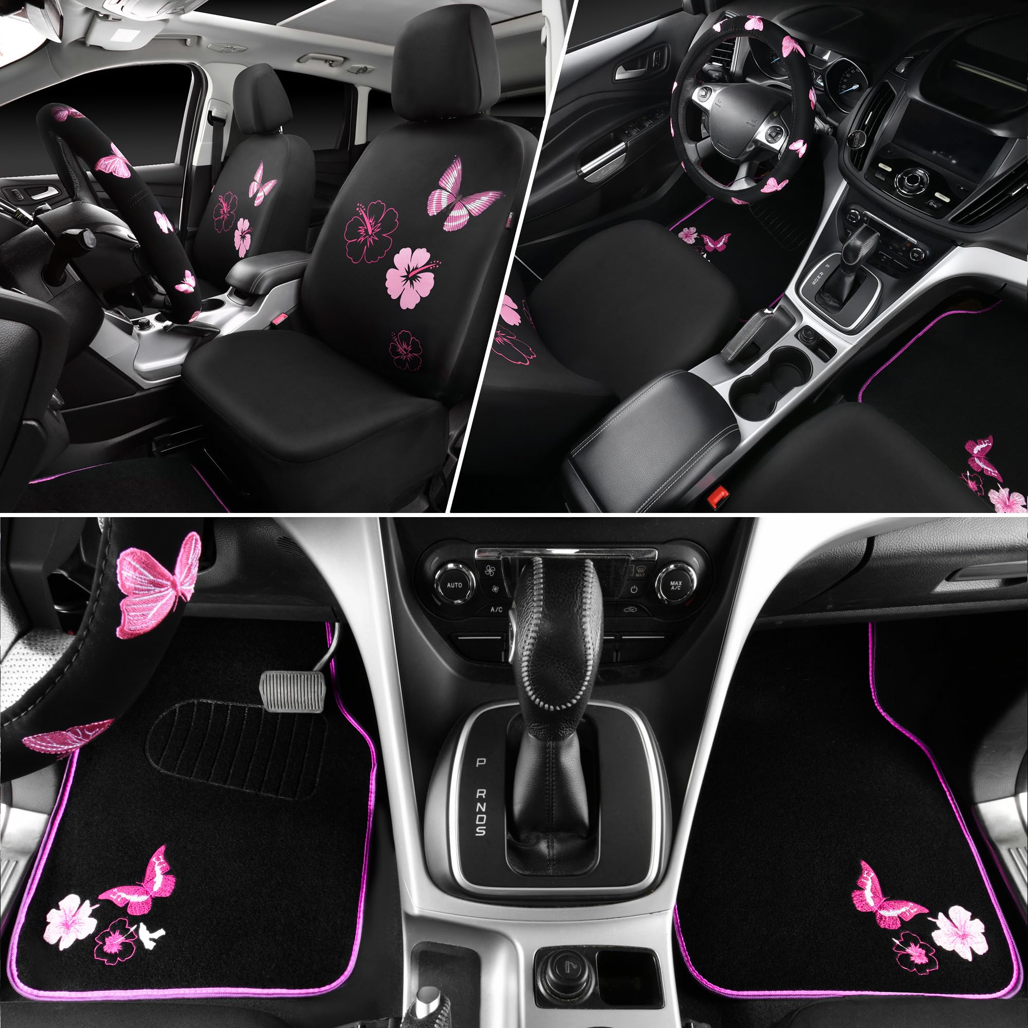 Car Pass Universal Cloth Butterfly Car Seat Covers Full Set, Embroidered Flower Waterproof Car Floor Mats Carpet, Butterflies St