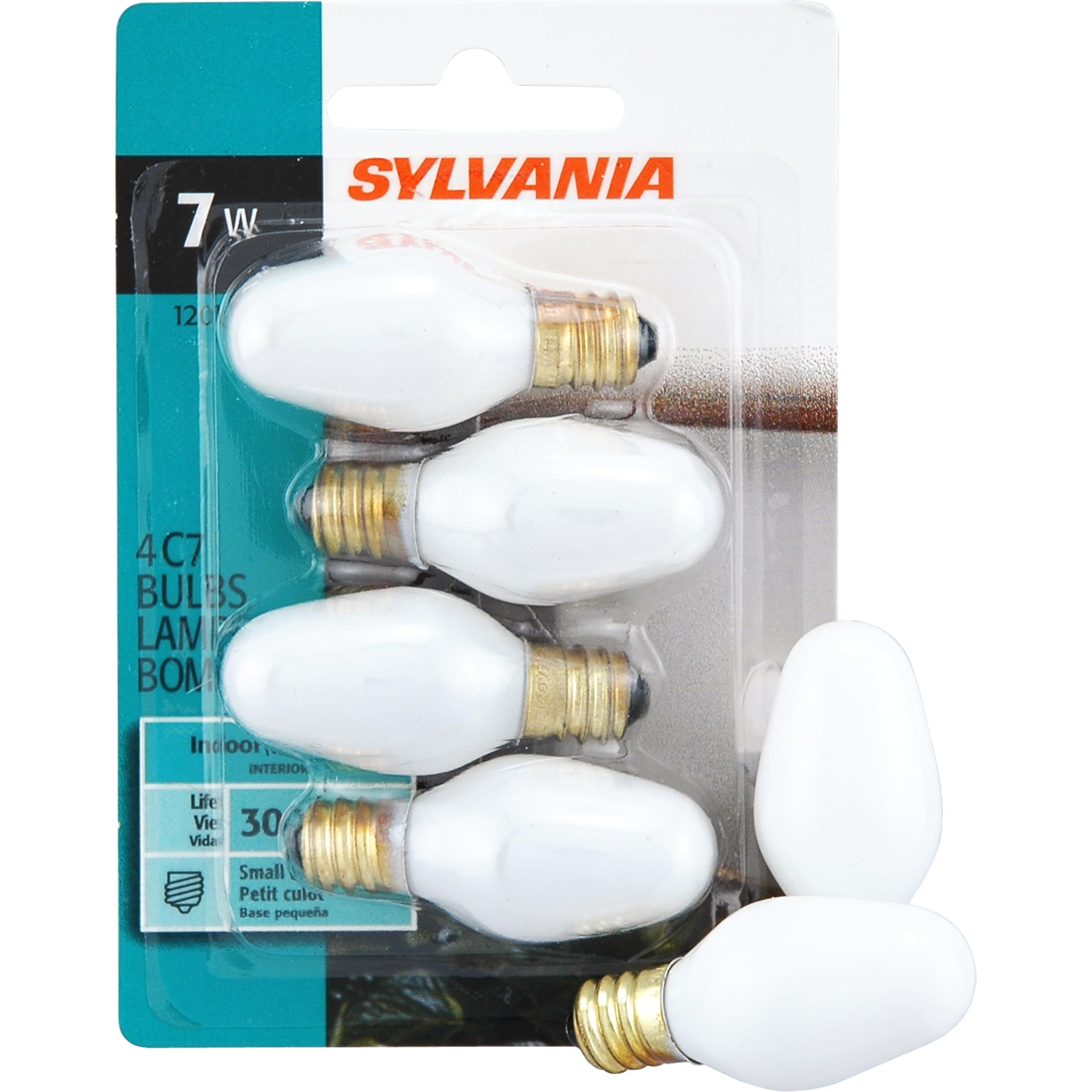 Sylvania Incandescent 7W C7 Nightlight Bulb, Dimmable, Candelabra Base, Frosted Finish, 2850K, Warm White - 4 Pack (13544)