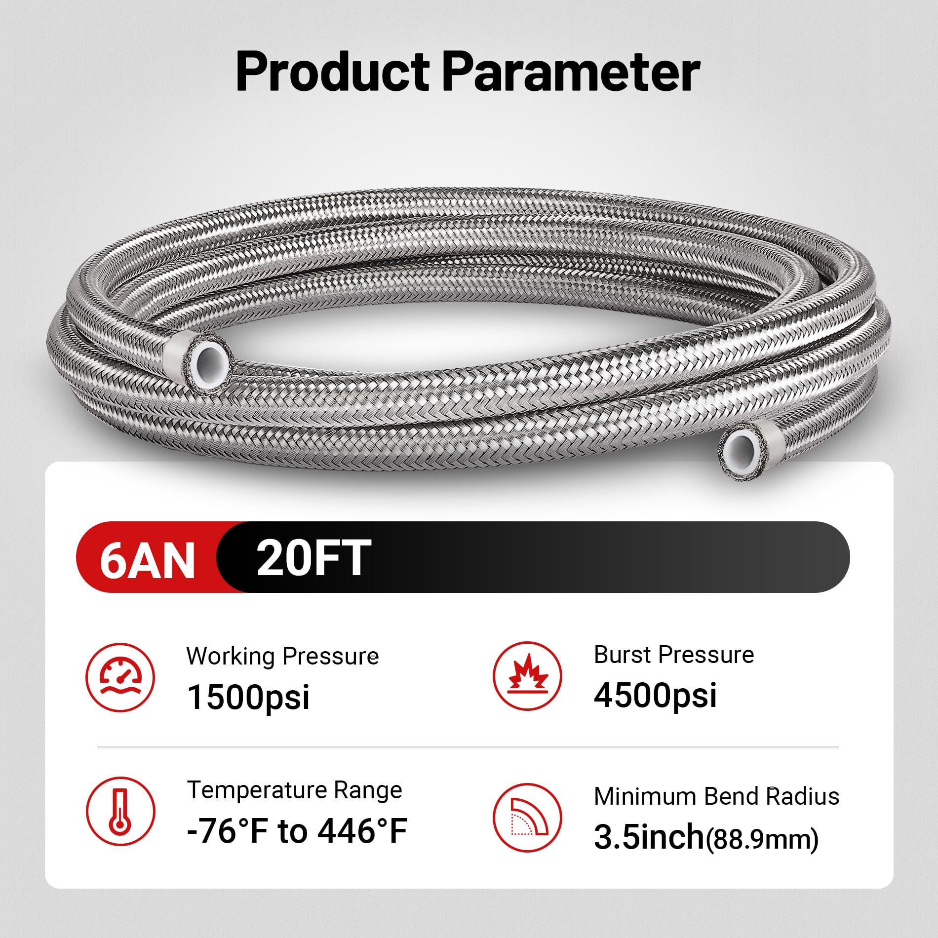 Evil Energy 6An Ptfe Fuel Hose Line, An6 Fuel Line E85 Stainless Steel Fuel Line Braided 20Ft Silver