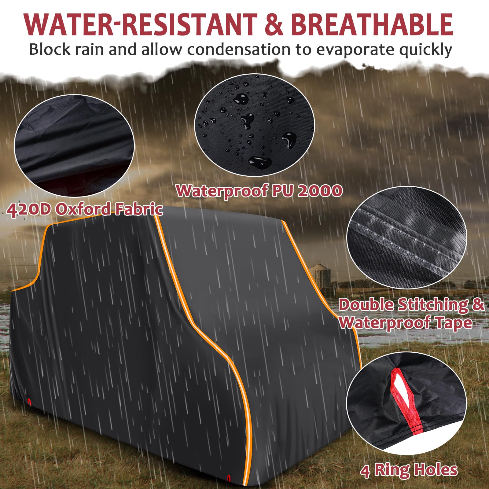 Utv Cover 4 Seater, Starknightmt Waterproof Cover Compatible With Polaris Ranger Crew 1000 900 570 800 General Rzr Talon Teryx 4-Door With Reflective Strips Heavy-Duty 420D Utv Full Weather Cover