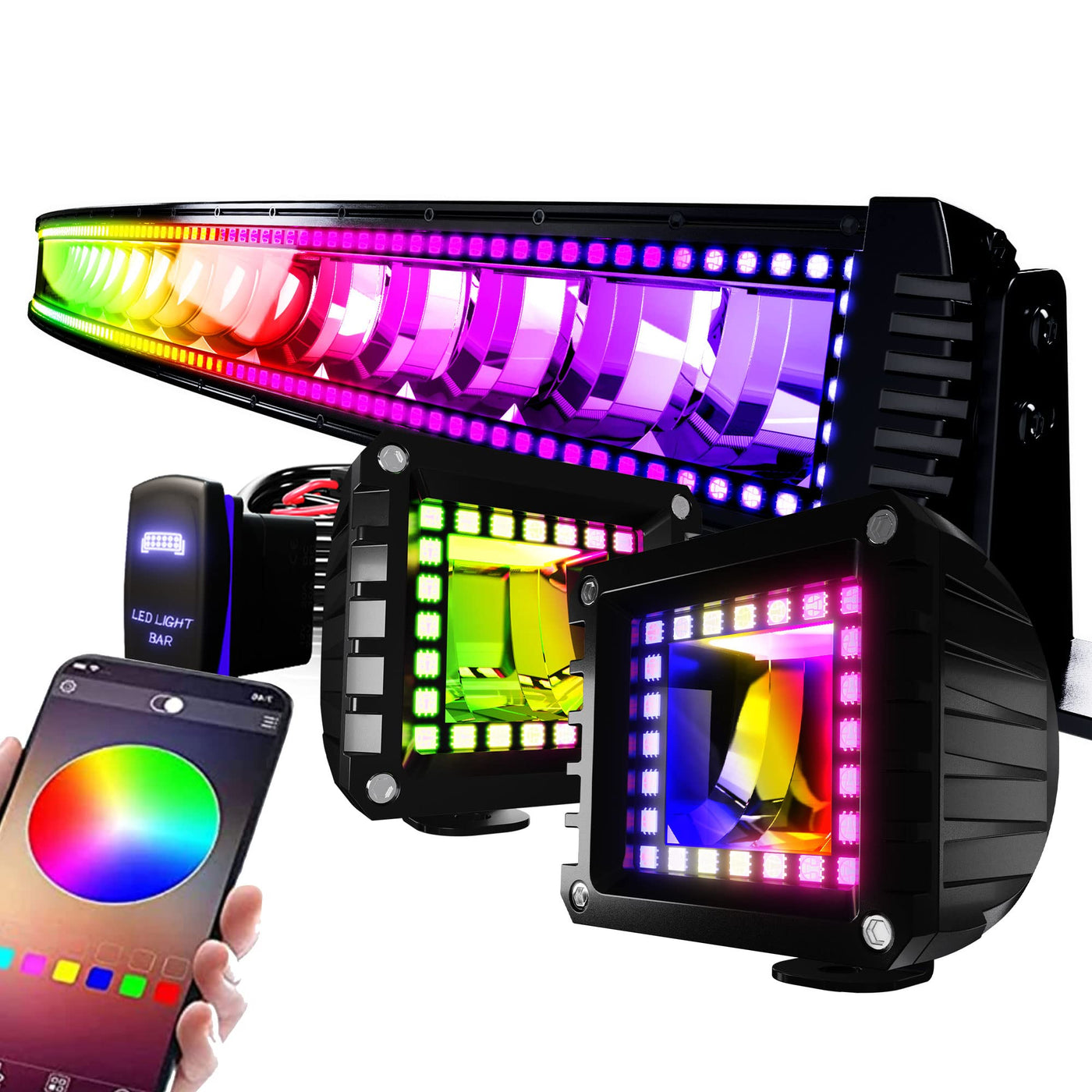 FEELON 52" Curved RGB LED Light Bar 2X 4" Flood LED Pods with Chasing RGB Halo 16 Solid Colors Offroad Driving Fog Lights with Switch Wiring Harness FEELON 52" Curved RGB LED Light Bar 2X 4" Flood LED Pods with Chasing RGB Halo 16 Solid Colors Offroad Driving Fog Lights with Switch Wiring Harness