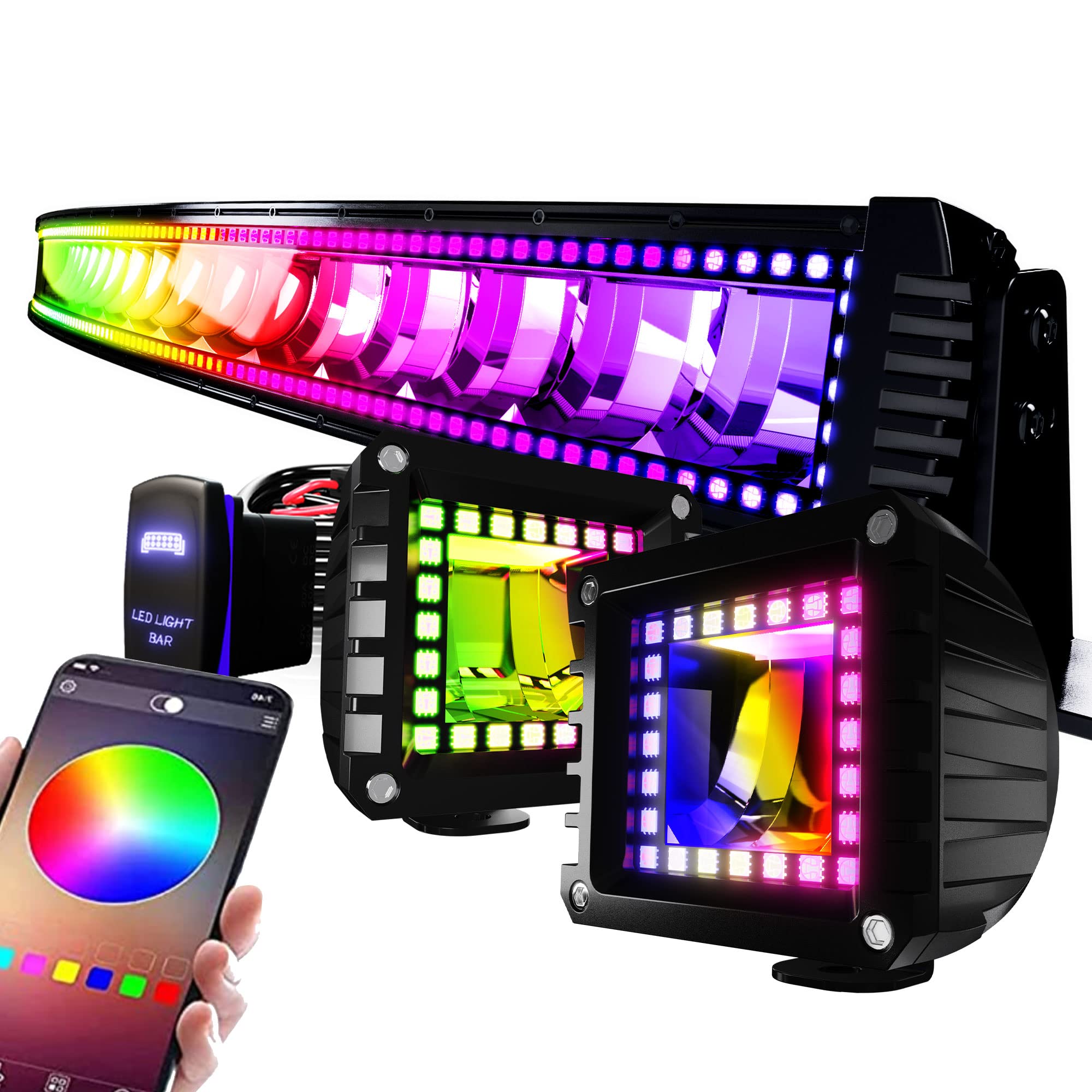 Feelon 52' Curved Rgb Led Light Bar 2X 4' Flood Led Pods With Chasing Rgb Halo 16 Solid Colors Offroad Driving Fog Lights With Switch Wiring Harness