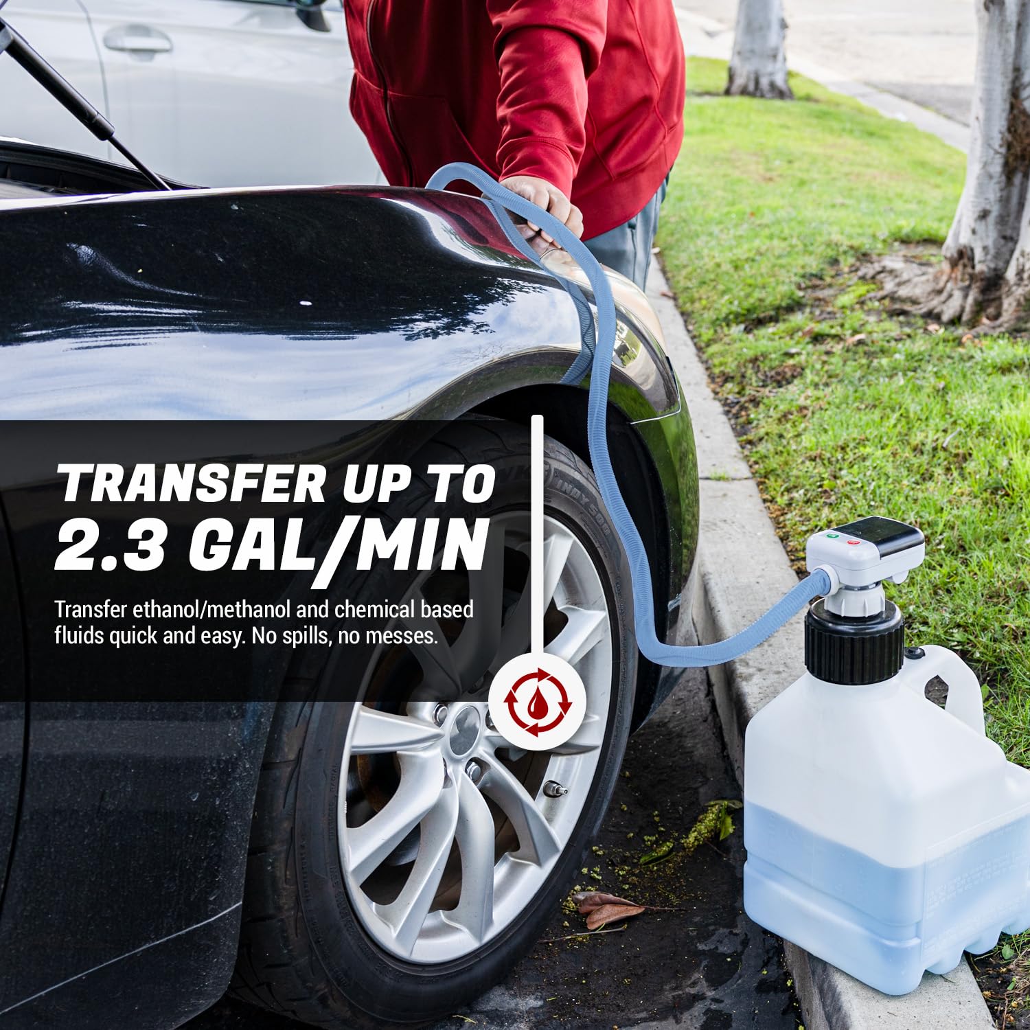 TERA PUMP Battery Powered Chemical Resistant Fuel Transfer Pump (2.3 GPM) for Methanol, Ethanol, DEF, Window Washer Fluid with Auto Stop Sensor, 4.25ft Outtake Hose