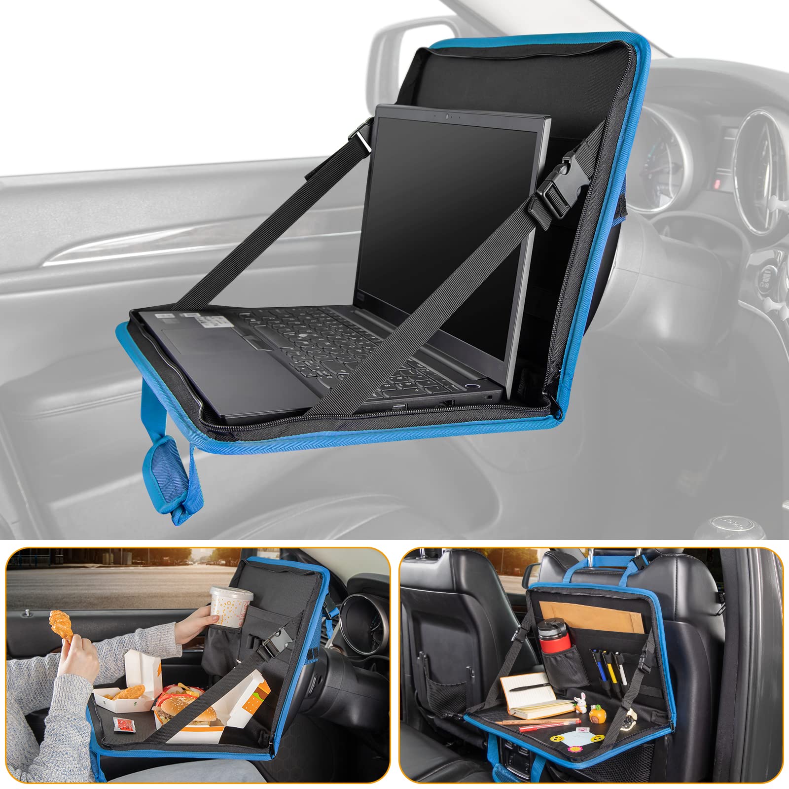 Joytutus 3 In 1 Steering Wheel Eating Tray (Blue 16.34''*11.8''), Car Back Seat Laptop Desk, Multifunctional Car Office Bag, Car
