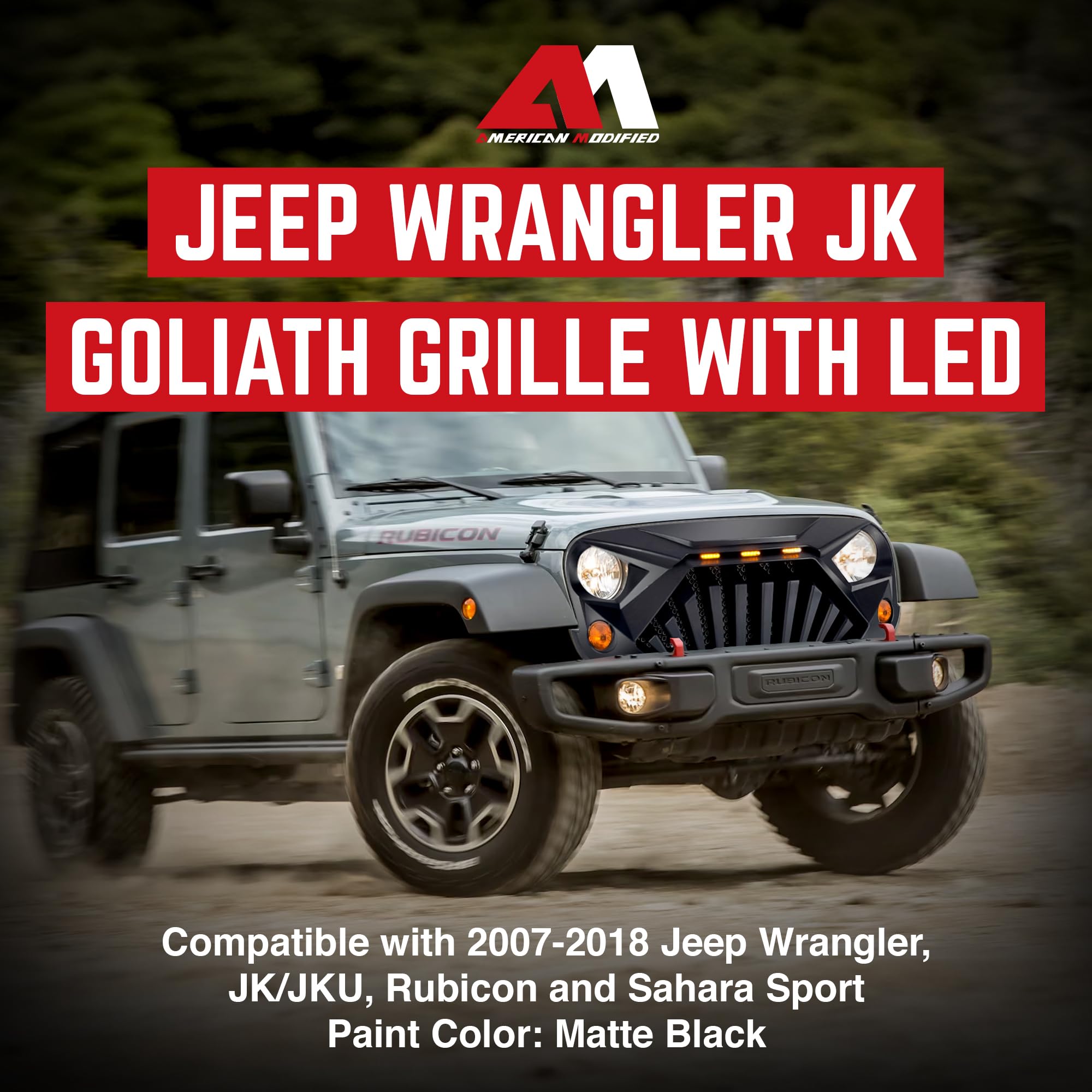 AM AMERICAN MODIFIED Front Goliath Grill for Jeep Wrangler JK 2007-2018, ABS Material, LED Lights, Matte Black, Model AMJPAA00122