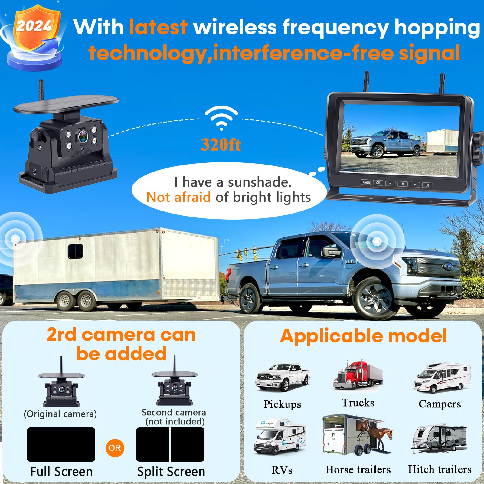 Rv Backup Camera Wireless For Trailer No-Installation: Hd 1080P Solar Rv Camera Long Battery Life With 7 Inch Recording Monitor