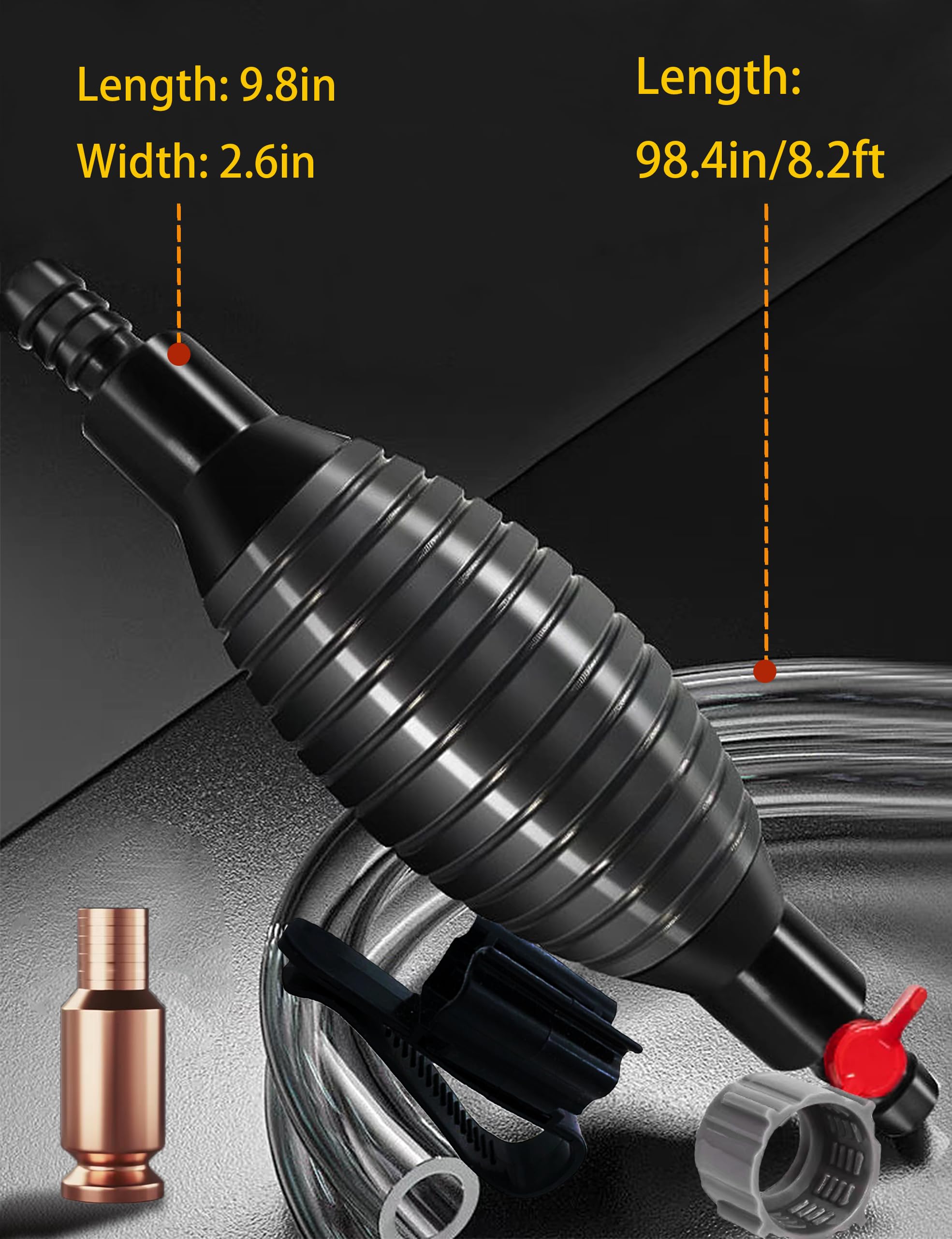 Hand Fuel Pump, 8.2ft Siphon Hose Transfer Pump with Brass Valve and Clips for Gasoline, Lawn Mower, Snow Blower, Yard