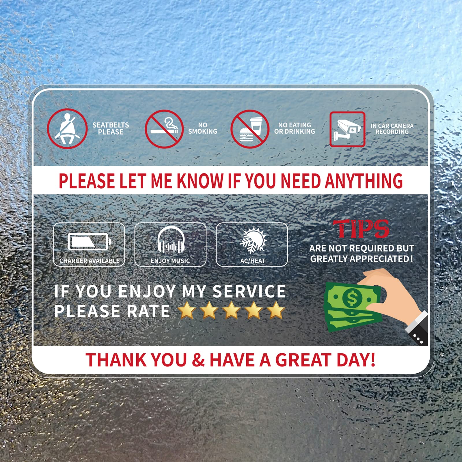 Rideshare Rating Tips Sign 7” X 5” Window Stickers Decal Removable Taxi Car Safety Warning Sign 6 Pack