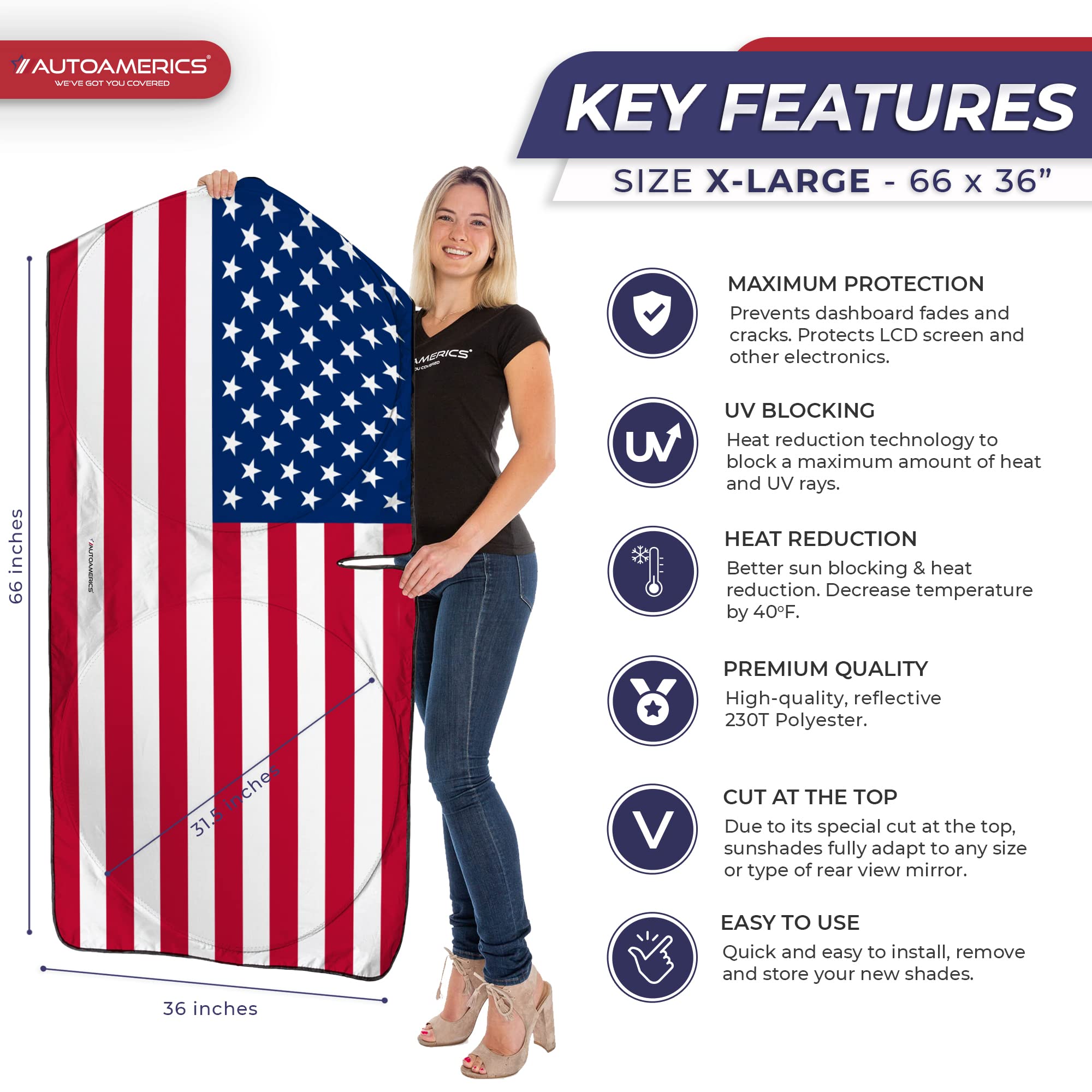 Autoamerics Truck Windshield Sun Shade With Storage Pouch & Anti-Slip Dash Pad - Foldable Original Usa Flag Design - Fits Most S