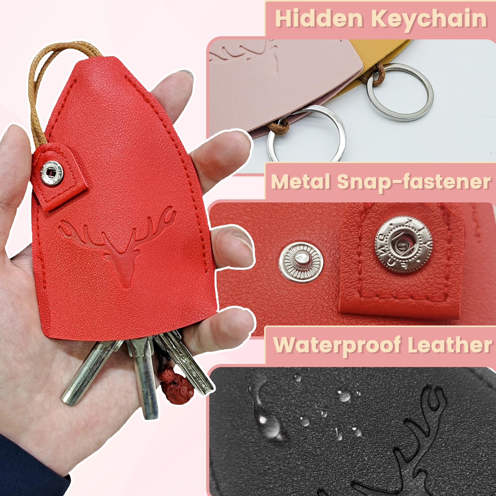 WisePoint Cute Key Fob Case 4PCS, PU Leather Car Key Case Portable Key Pouch for Car Keys, Personalized Pull Out Key Bag (deer)