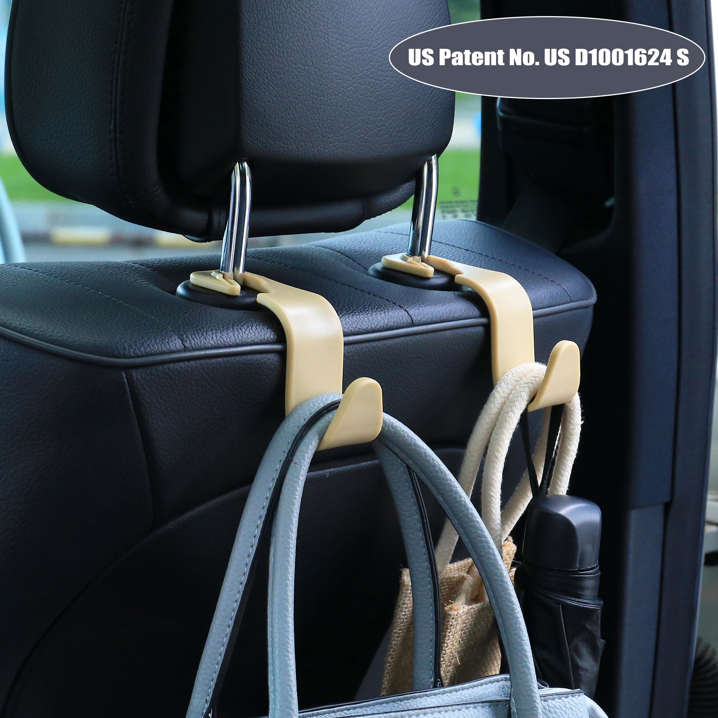 Amooca Car Seat Headrest Hook 4 Pack Hanger Storage Organizer Universal for Handbag Purse Coat Universal fit Vehicle Car Beige w