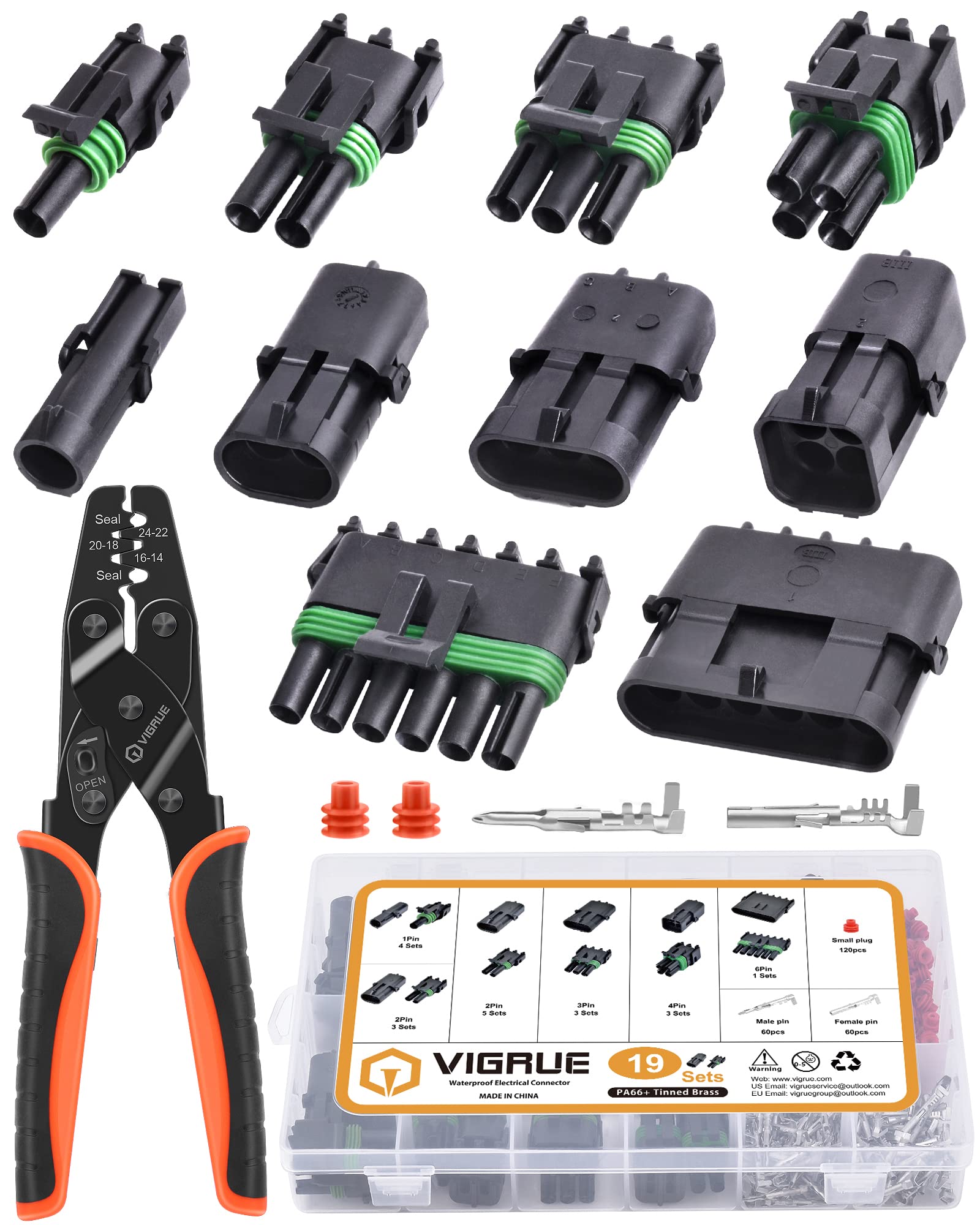 Vigrue 280Pcs 18-14Awg Waterproof Automotive Connectors With Ratcheting Wire Crimping Tool, 19 Sets Weathepack Connectors 1/2/3/