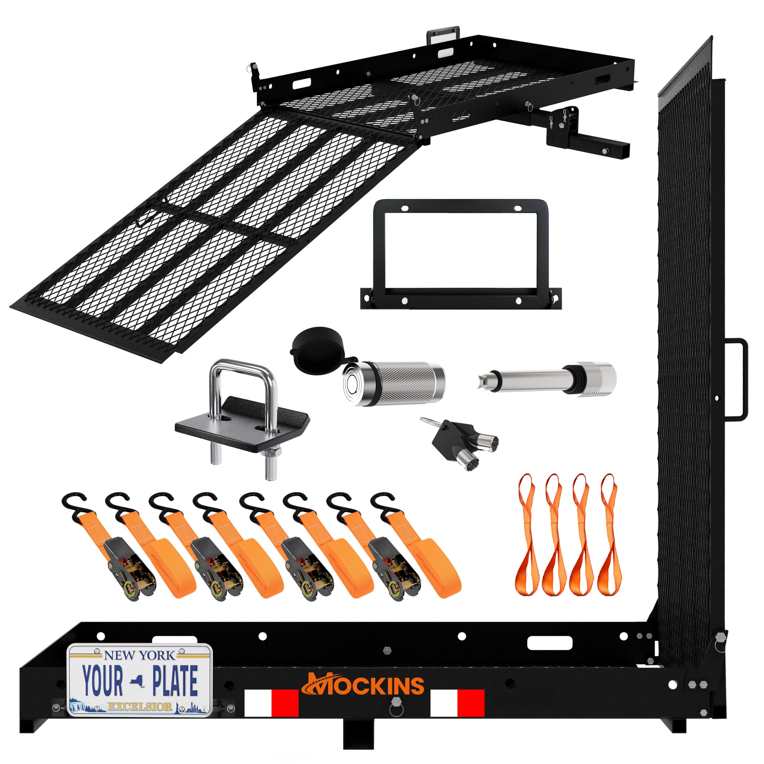 Mockins 48''x28.5''x4'' Heavy Duty Trailer Hitch Cargo Carrier with Ramp for Wheelchair | 500 Lbs. Capacity Folding Steel Cargo 