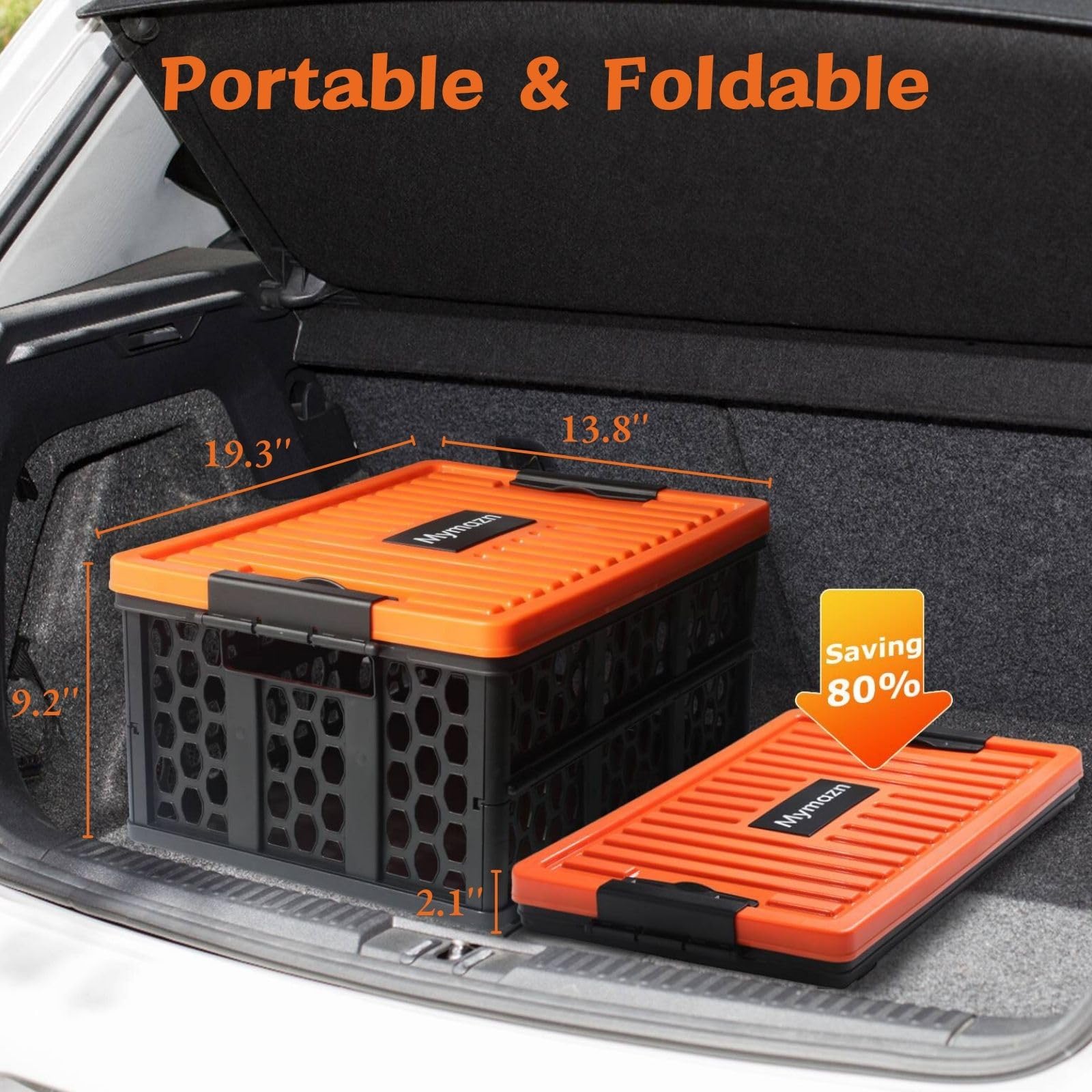 Mymazn Trunk Organizer Plastic For Car, Crate Storage Collapsible Car Organizer For Suv, Groceries, Camping | With Lid, Waterpro