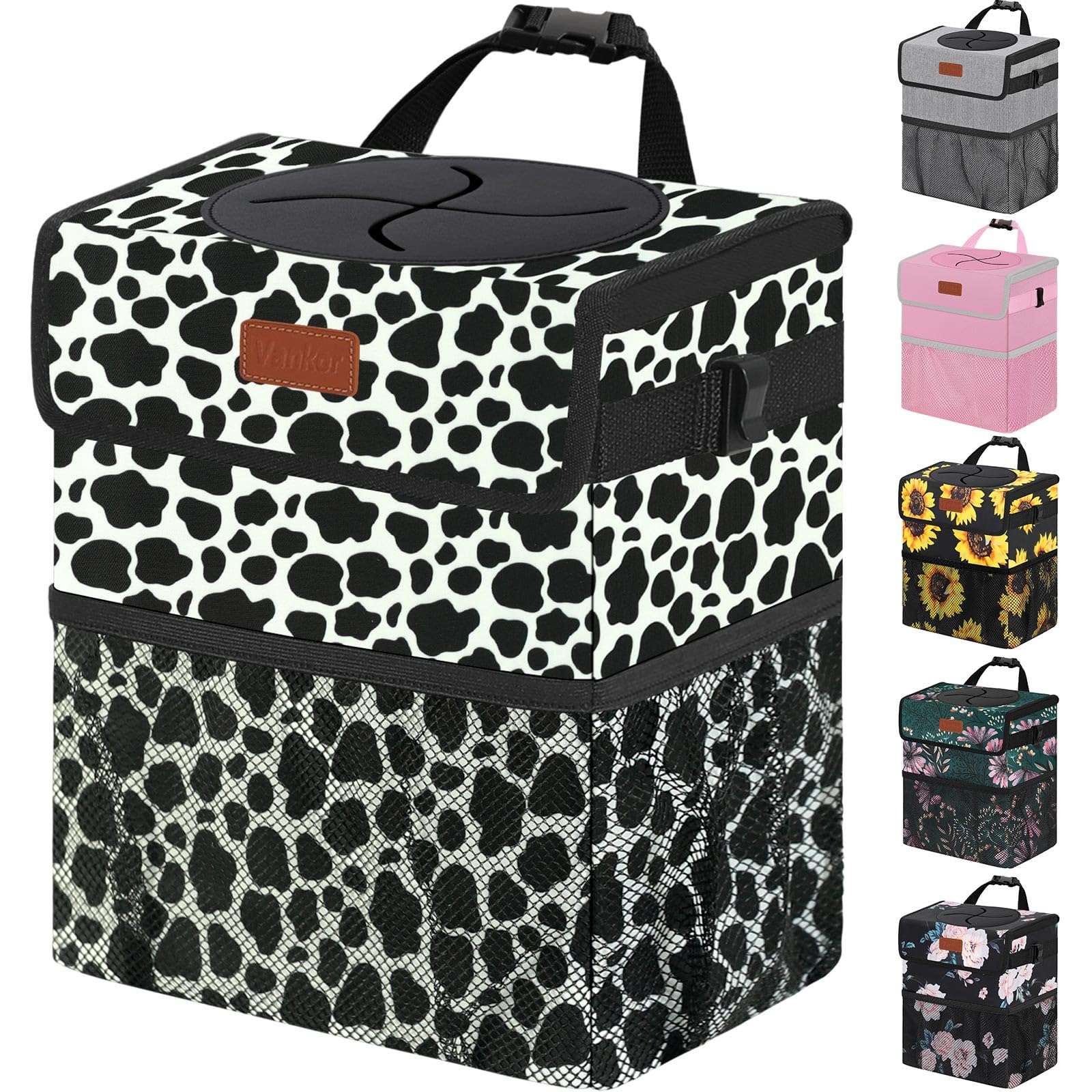 Vankor 3 Gallons Car Trash Can With Lid, Car Bag Bin Hanging Waterproof Automotive Garbage Cans Leak Proof Vehicle Trash Can Cow