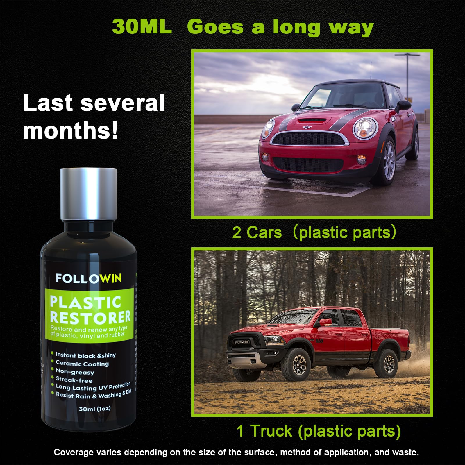 Followin Plastic Restorer For Cars Ceramic Plastic Coating Trim Restore, Resists Water, Uv Rays, Dirt, Ceramic Coating, Not Dressing, Hydrophobic Trim Coating, Highly Concentrated, 30Ml