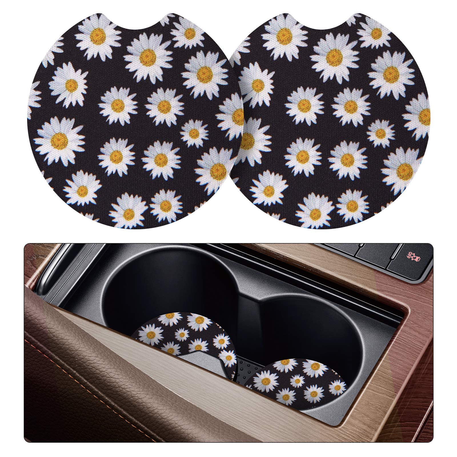 tifanso Car Cup Drink Holder Coaster, 2 Pack Car Coasters for Cup Holders, Cute Vehicle Accessories for Women and Girl (Daisy)