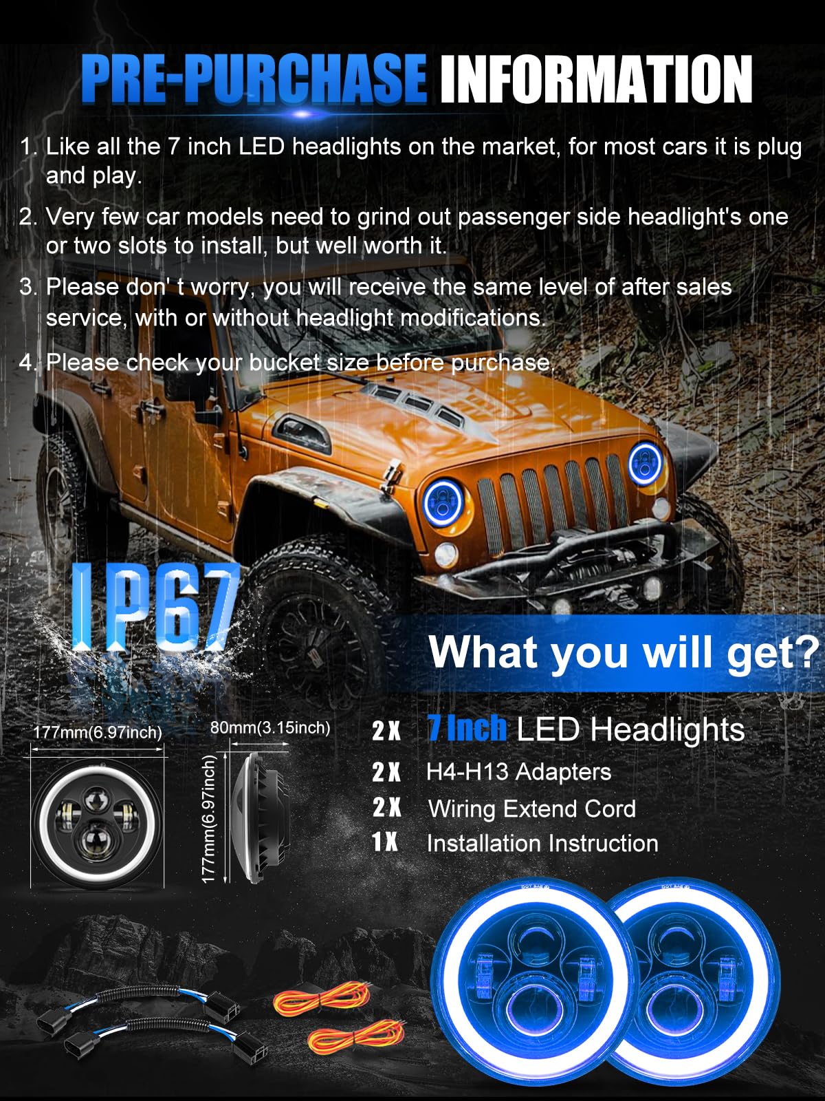 Uni-Shine 7 Inch Led Headlight, Round H6024 Led Headlight Blue Halo Headlight Running Amber Turn Signal Seal Beam 7'' Round Head