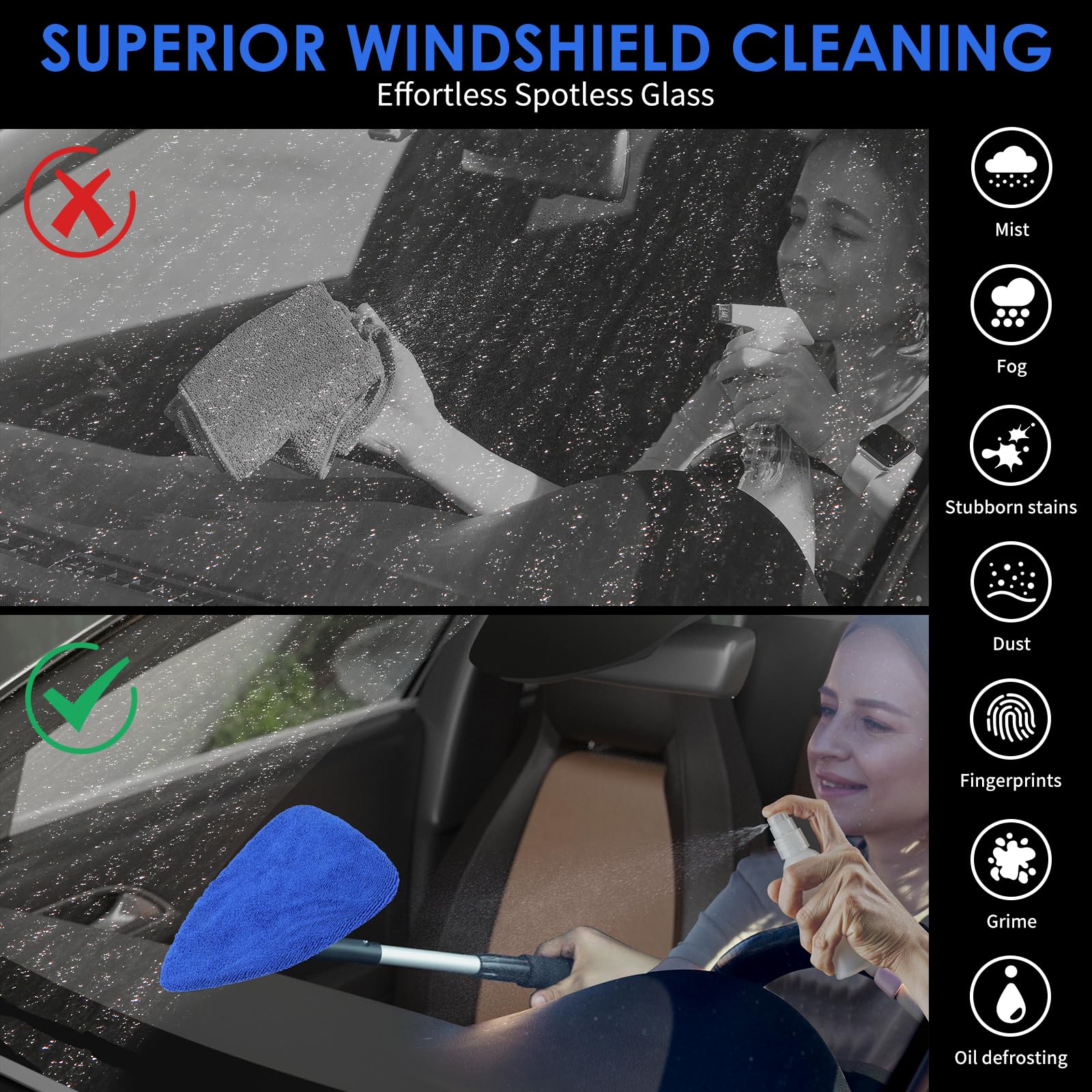 Mionyl 24 Inch Car Windshield Cleaner Tool, 3D Window Cleaning Wand With Microfiber Towel And Long Handle Pro Set