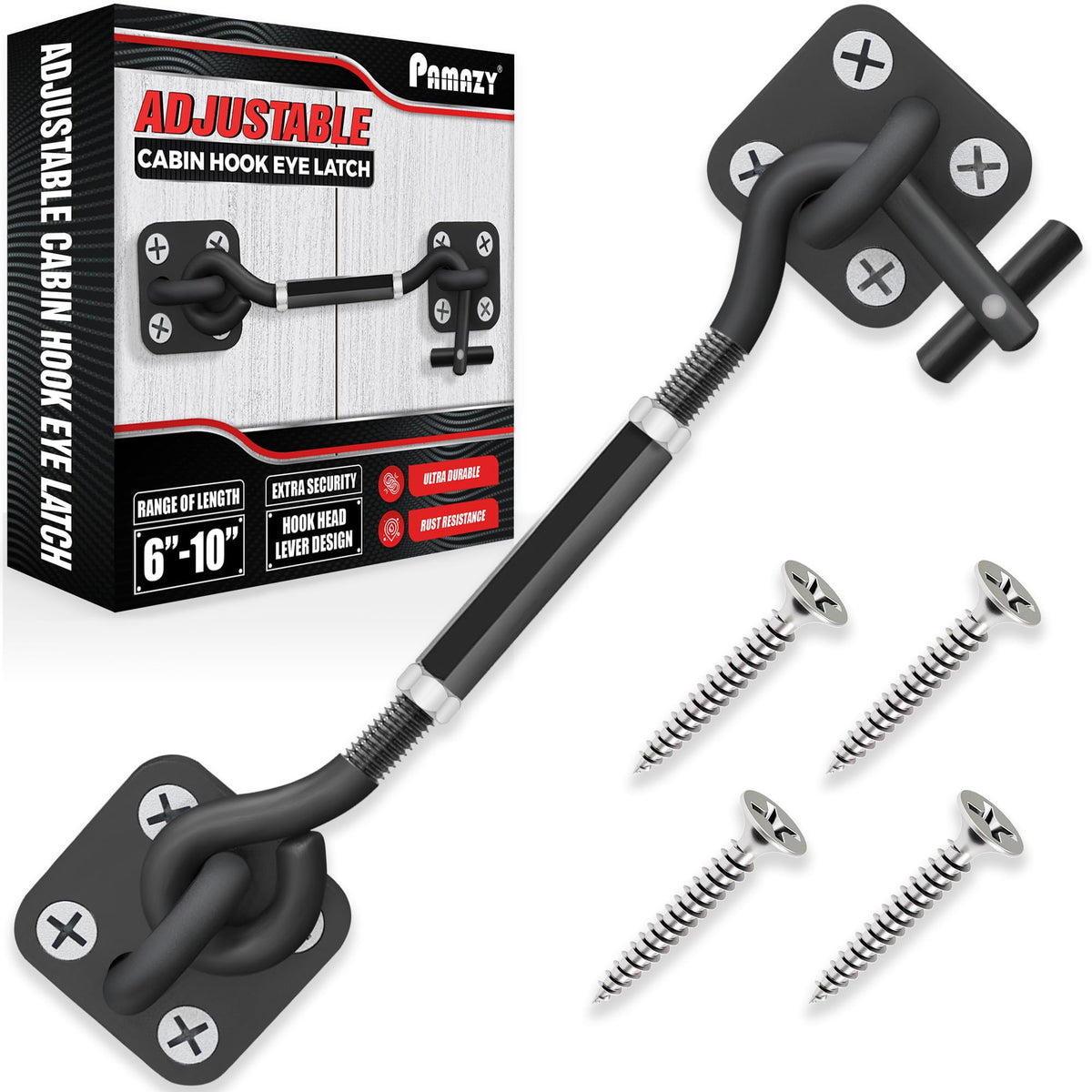 [Upgrade Adjustable] 6”-10” Cabin Hook Eye Latch Gate, Heavy Duty 4 Mounting Points Bracket, Barn Door Lock Latch, Durable Door Swivel Window Hook Lock For Sliding Door, Outdoor, Window, Cabinet